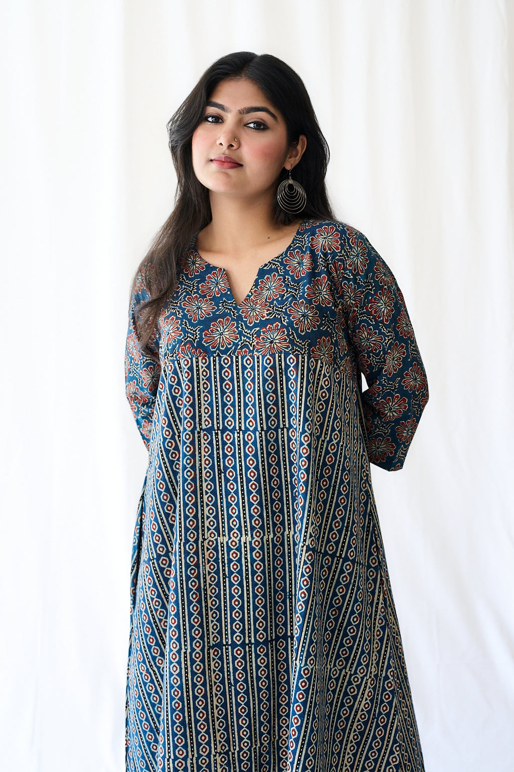Resha Indigo Ajrakh Pearl Stripes  Dress
