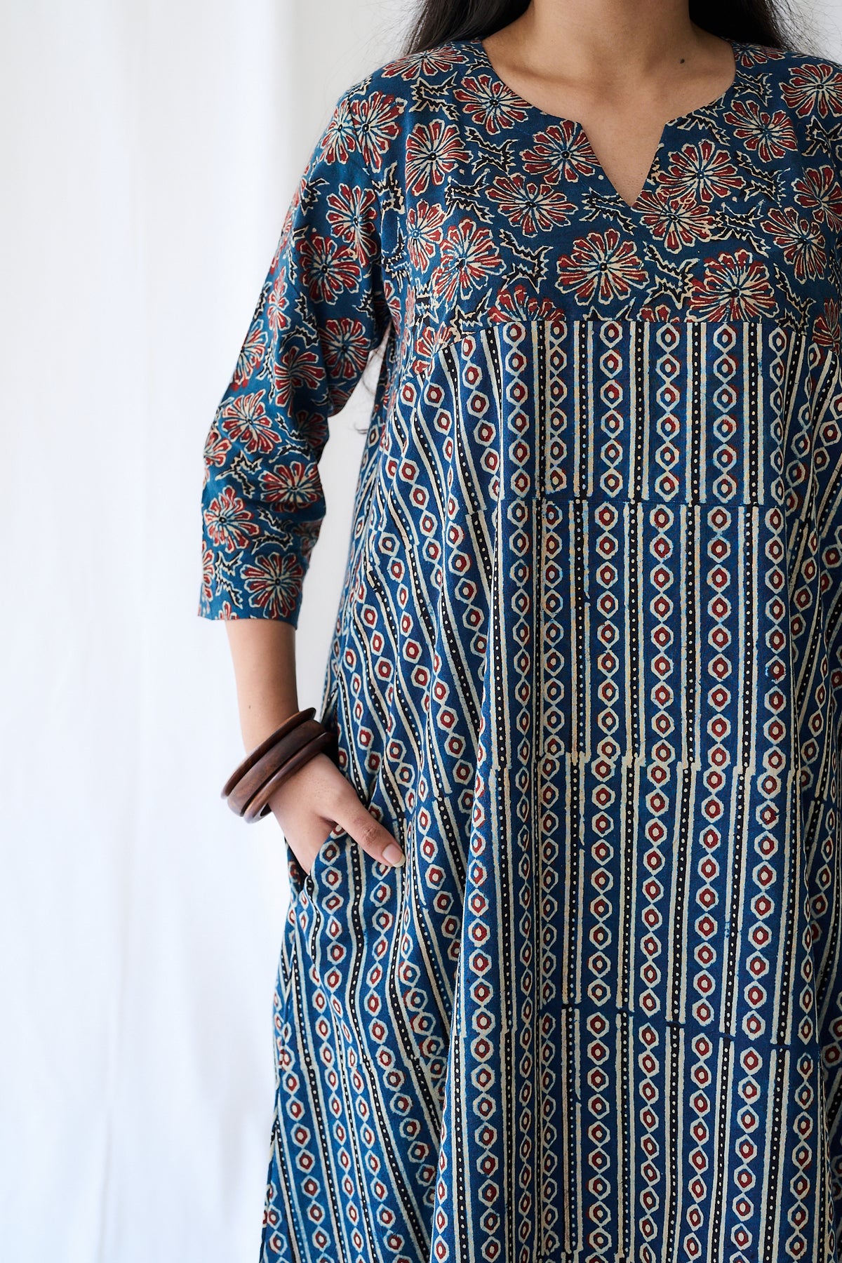 Resha Indigo Ajrakh Pearl Stripes  Dress