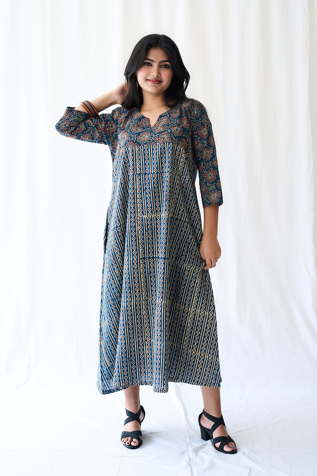 Resha Indigo Ajrakh Pearl Stripes  Dress