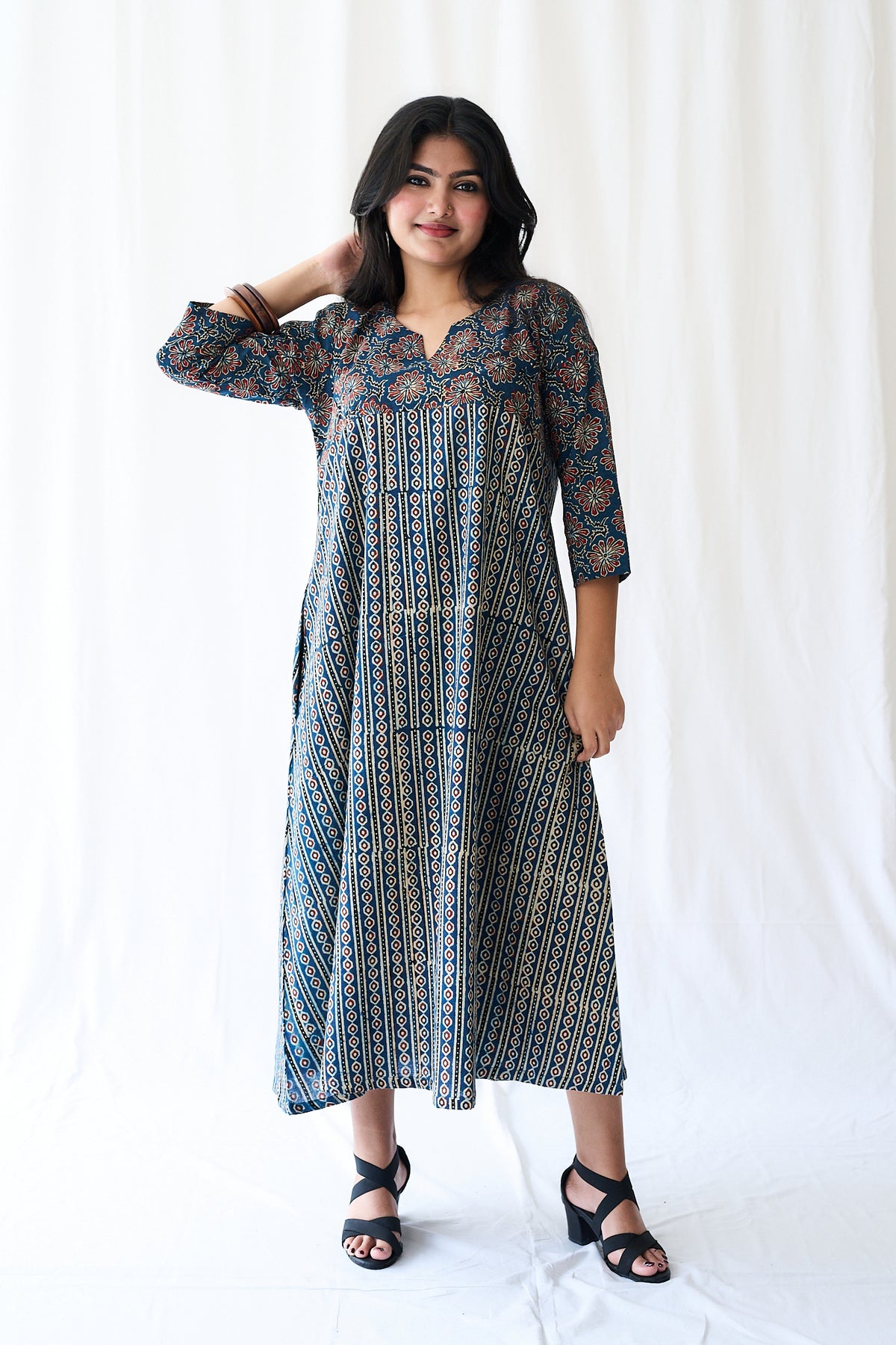 Resha Indigo Ajrakh Pearl Stripes  Dress