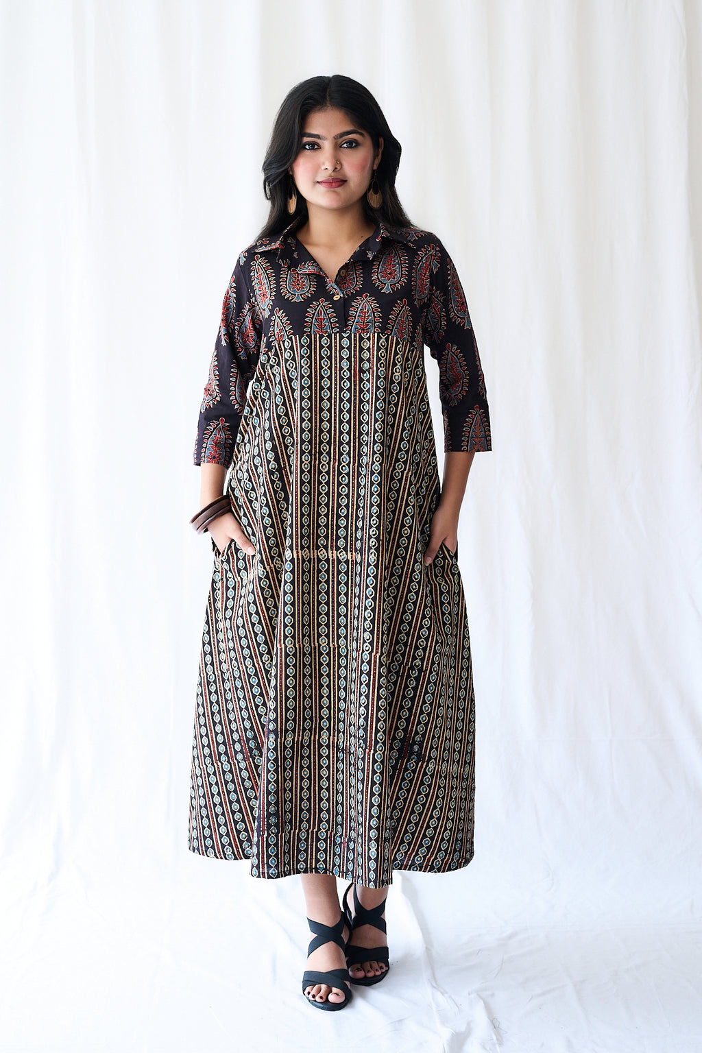 Resha Black Ajrakh Pearl Stripes Shirt Collar Dress