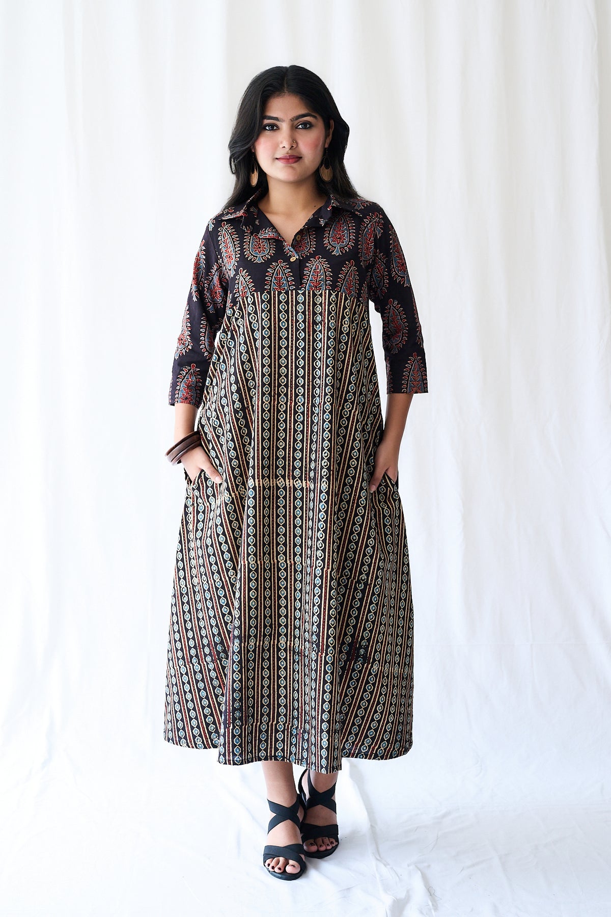 Resha Black Ajrakh Pearl Stripes Shirt Collar Dress