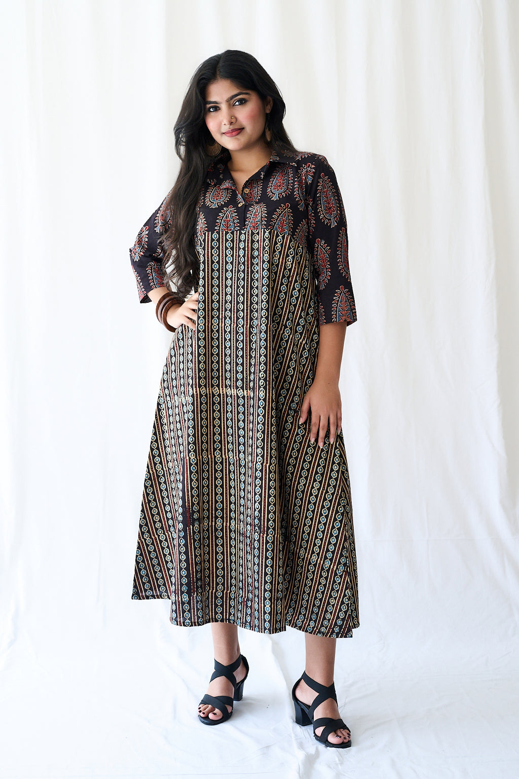 Resha Black Ajrakh Pearl Stripes Shirt Collar Dress