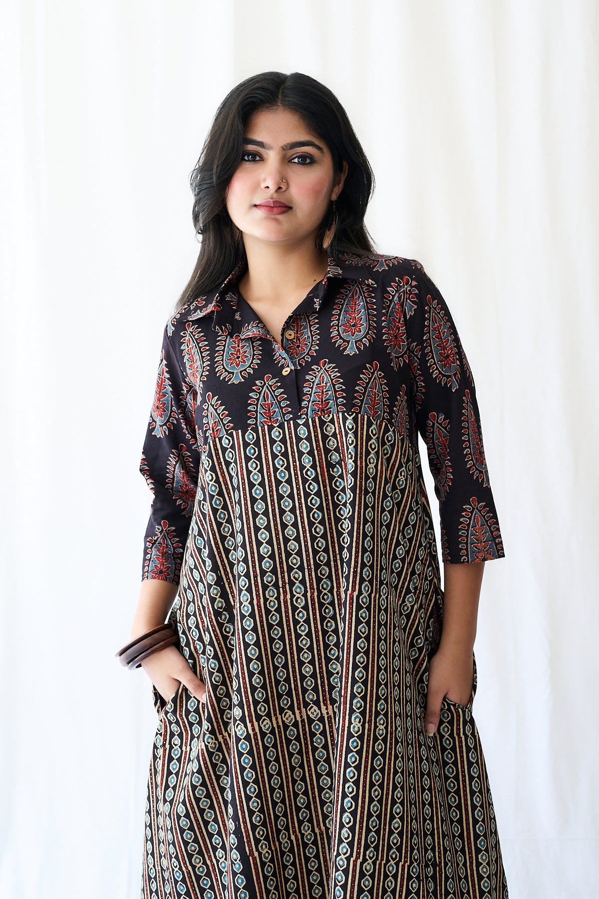 Resha Black Ajrakh Pearl Stripes Shirt Collar Dress