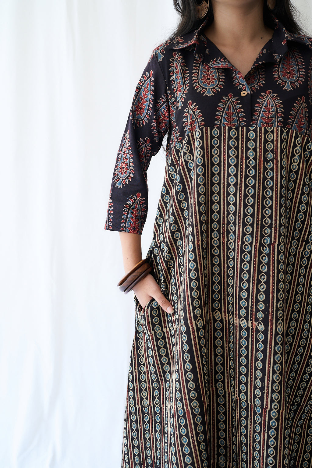 Resha Black Ajrakh Pearl Stripes Shirt Collar Dress
