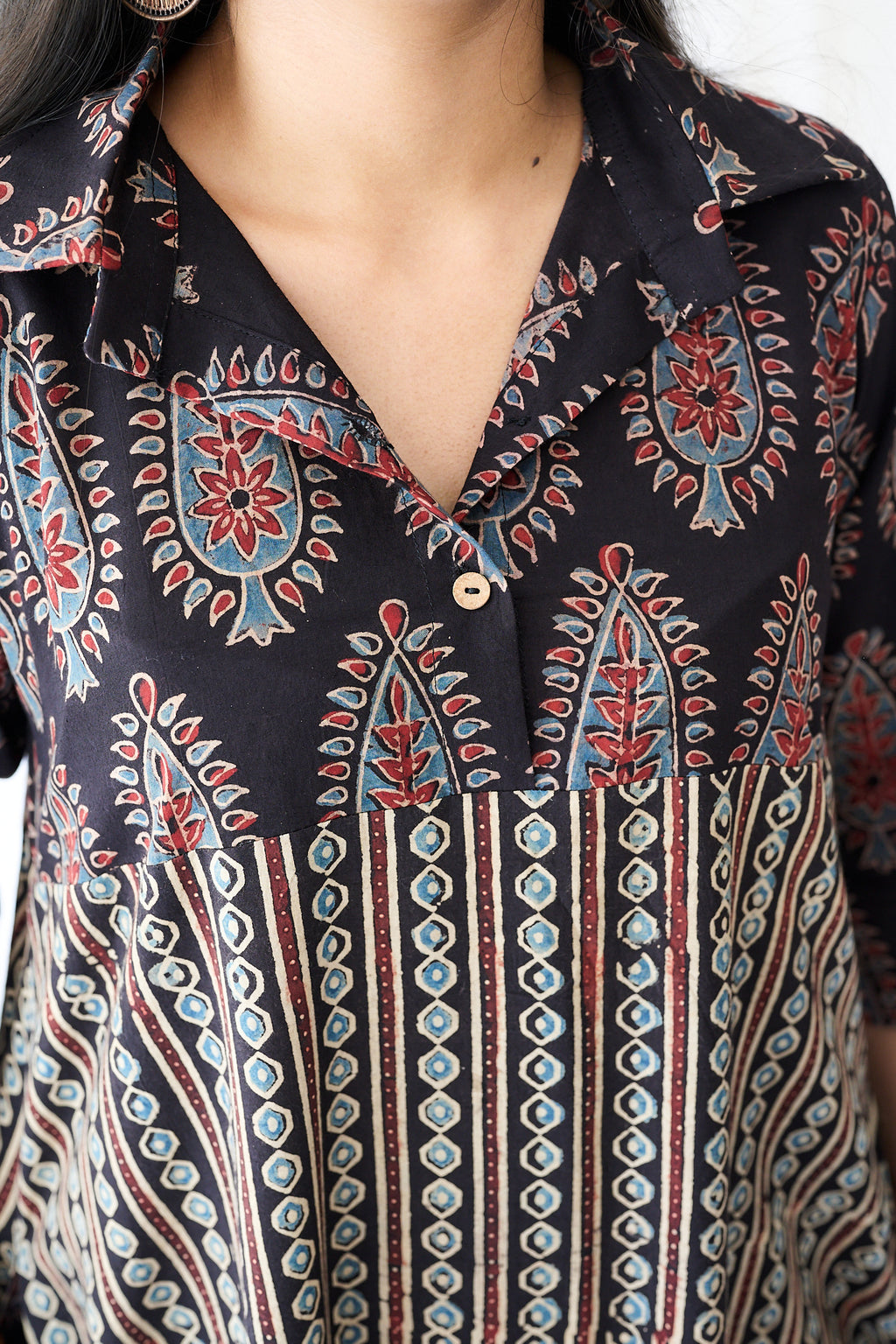 Resha Black Ajrakh Pearl Stripes Shirt Collar Dress