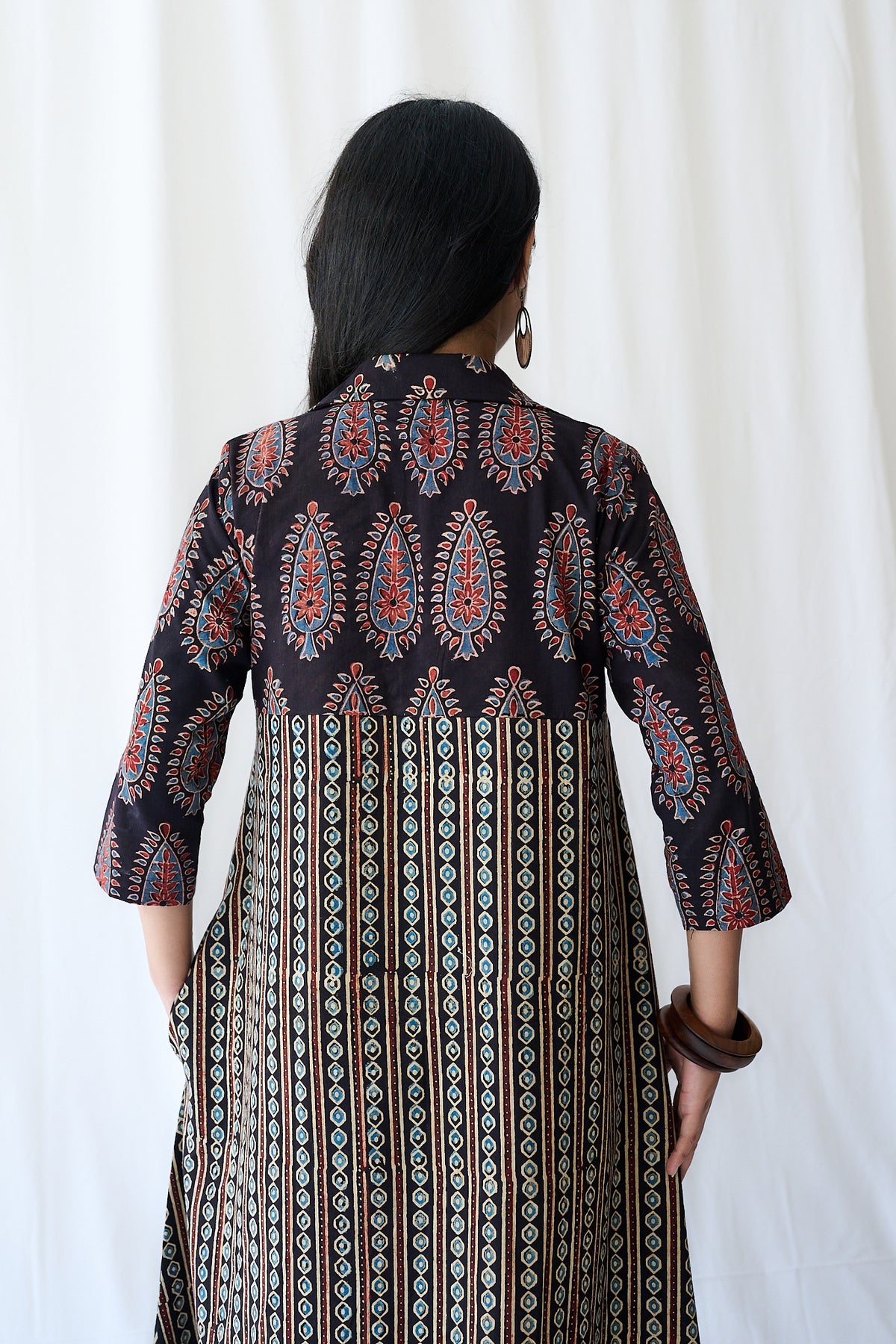 Resha Black Ajrakh Pearl Stripes Shirt Collar Dress