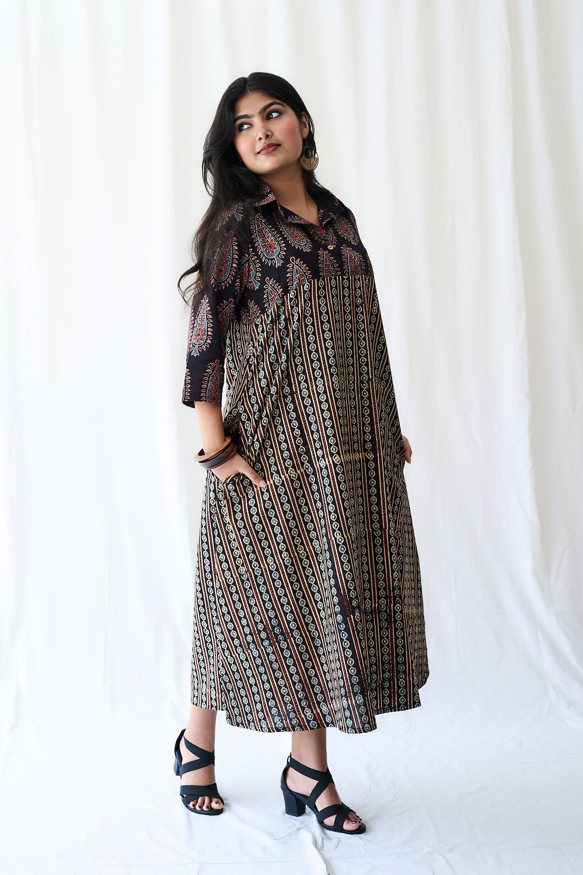 Resha Black Ajrakh Pearl Stripes Shirt Collar Dress