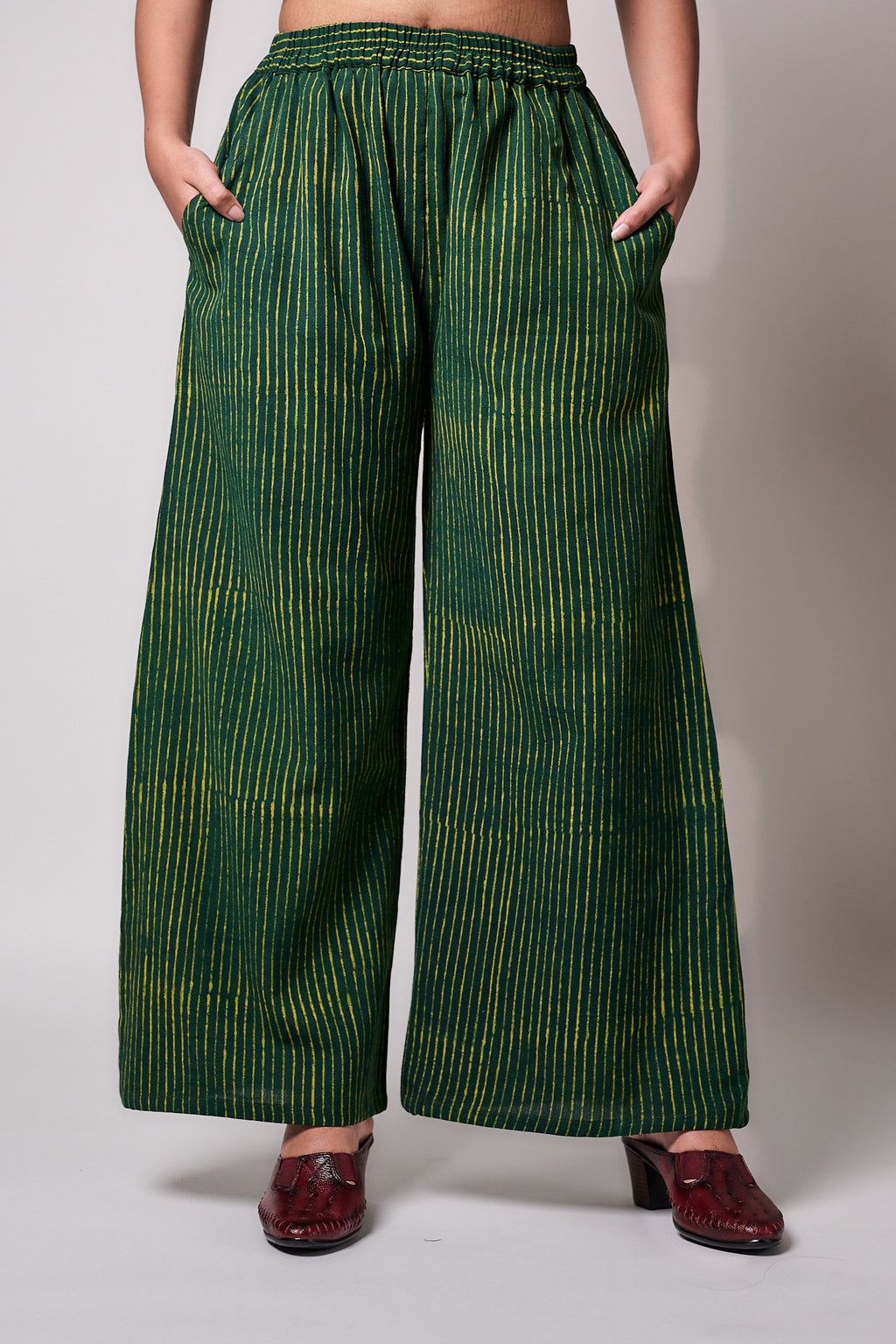 Green Stripes Ajrakh Cotton Slub Parallel Pants