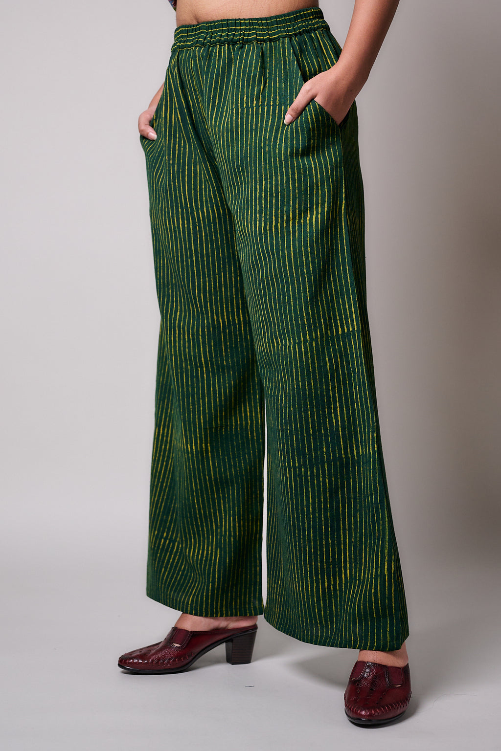 Green Stripes Ajrakh Cotton Slub Parallel Pants