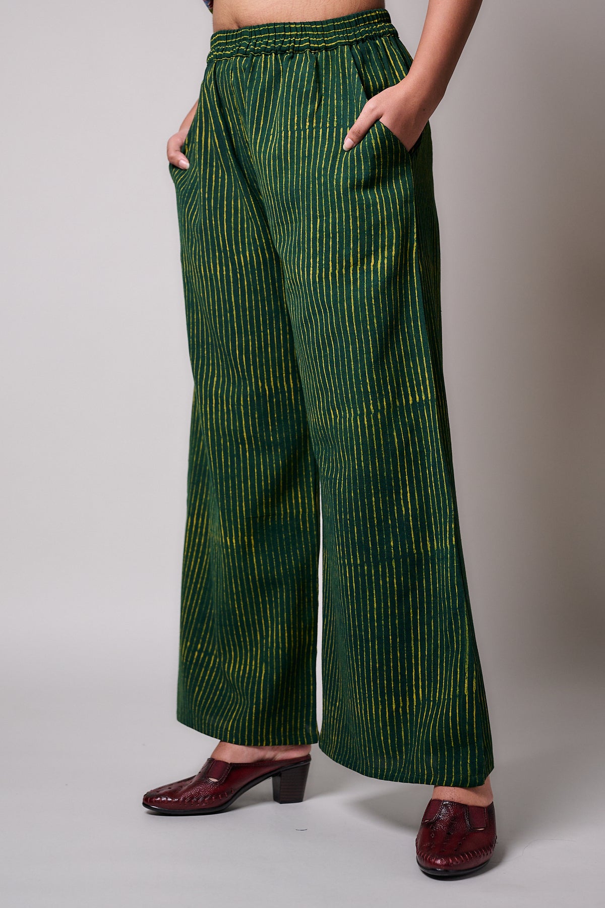 Green Stripes Ajrakh Cotton Slub Parallel Pants