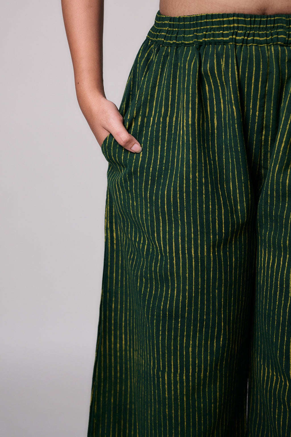 Green Stripes Ajrakh Cotton Slub Parallel Pants
