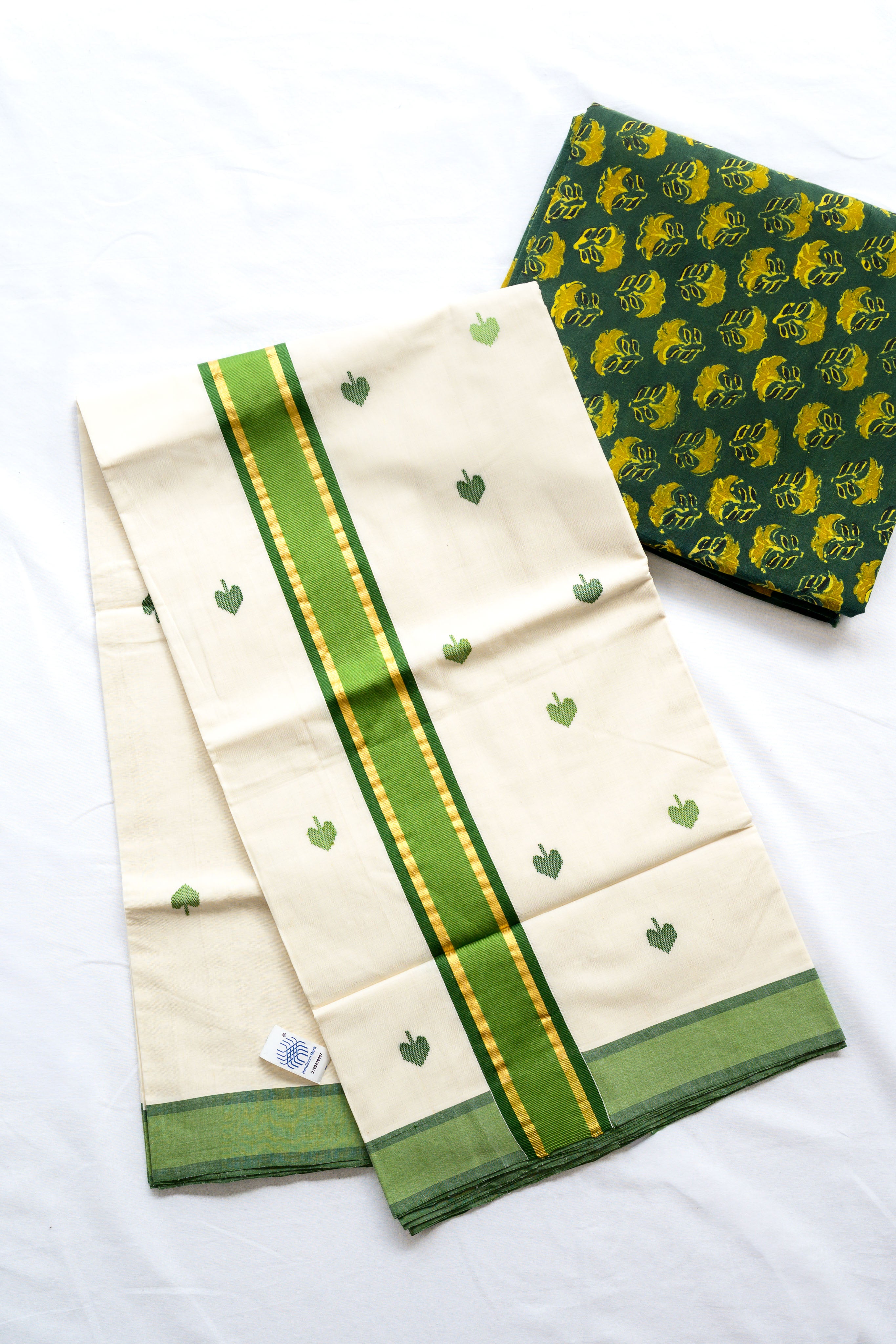 Green Kara and Butas Balaramapuram Handloom Saree with Ajrakh Blouse