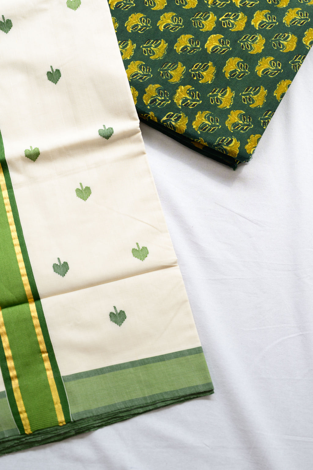 Green Kara and Butas Balaramapuram Handloom Saree with Ajrakh Blouse