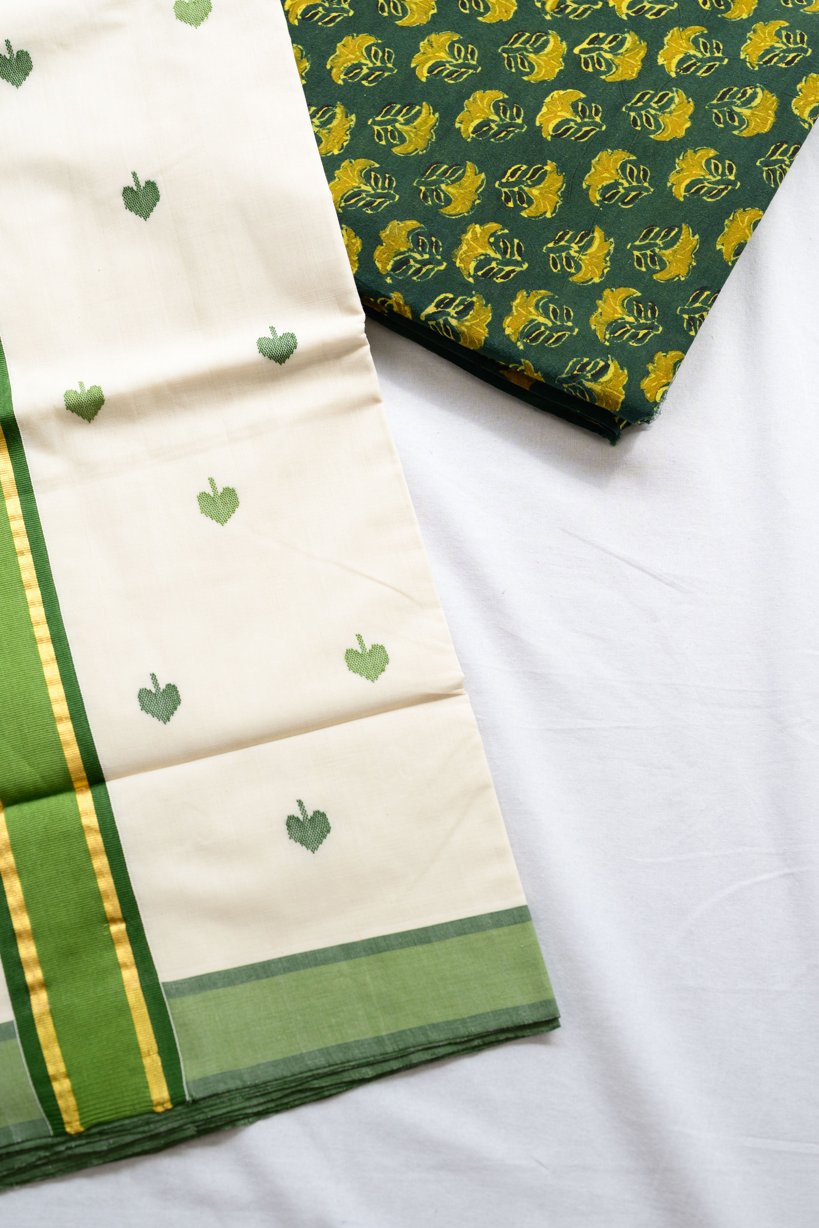 Green Kara and Butas Balaramapuram Handloom Saree with Ajrakh Blouse
