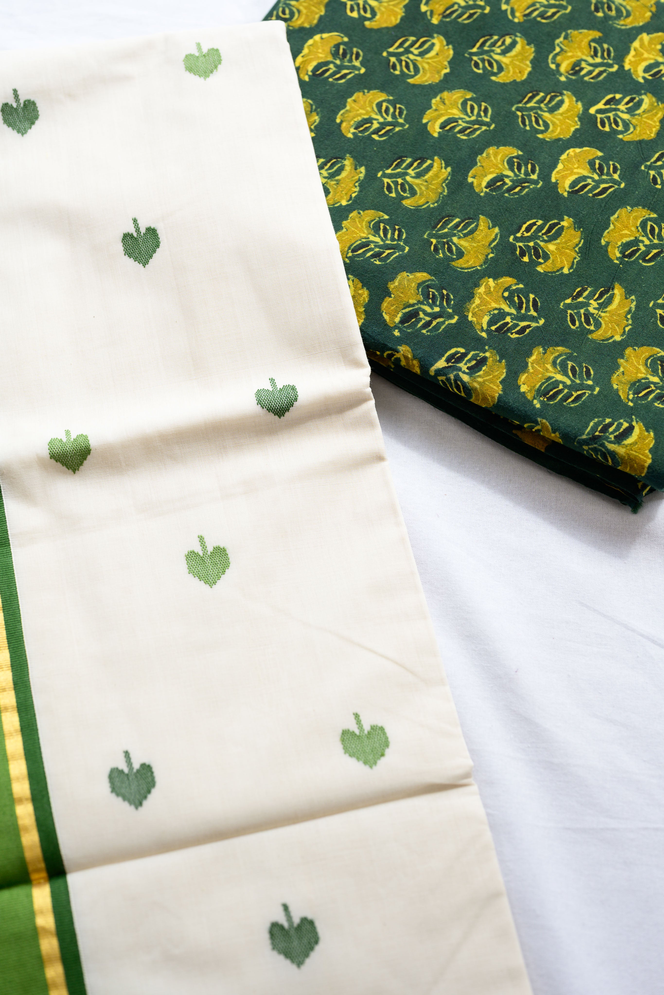 Green Kara and Butas Balaramapuram Handloom Saree with Ajrakh Blouse