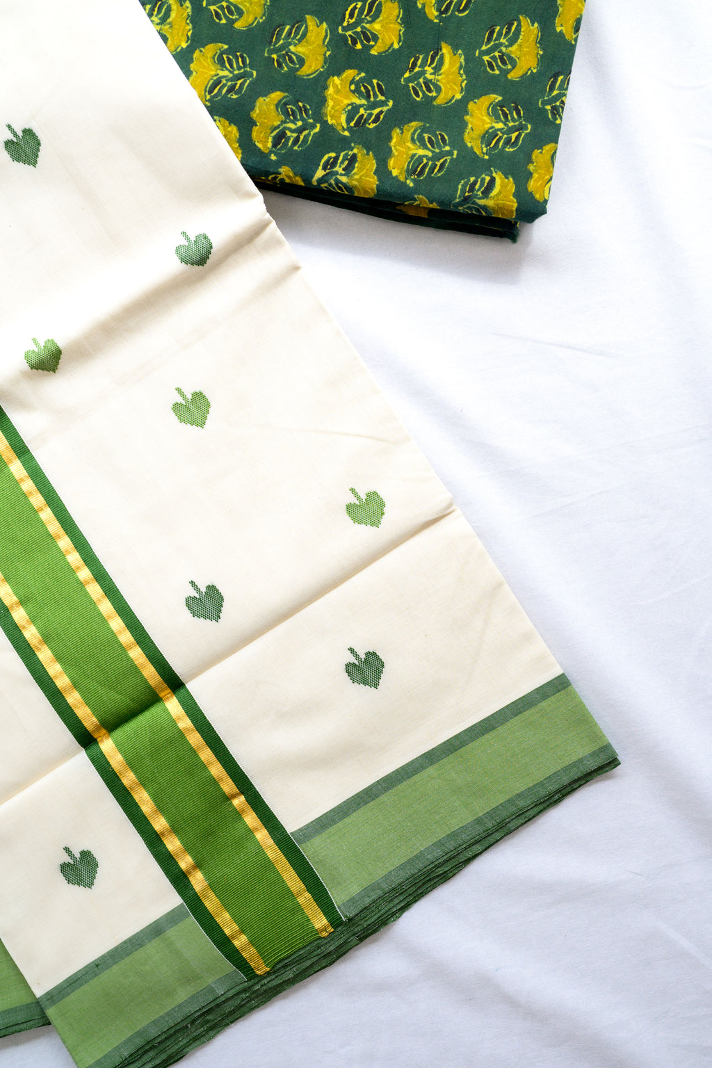 Green Kara and Butas Balaramapuram Handloom Saree with Ajrakh Blouse