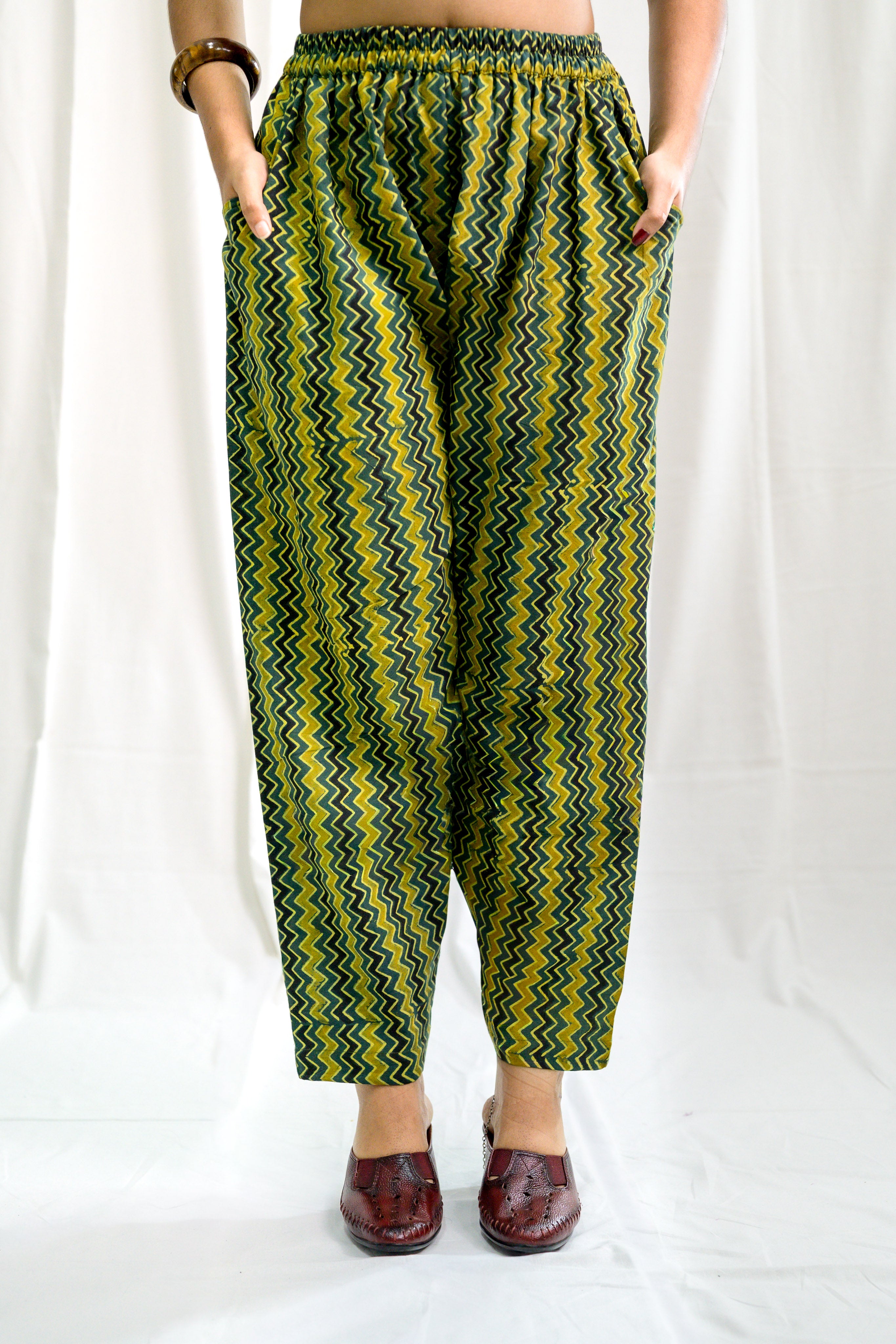 Bottle Green & Yellow Zig Zag Stripes Ajrakh Straight Pants