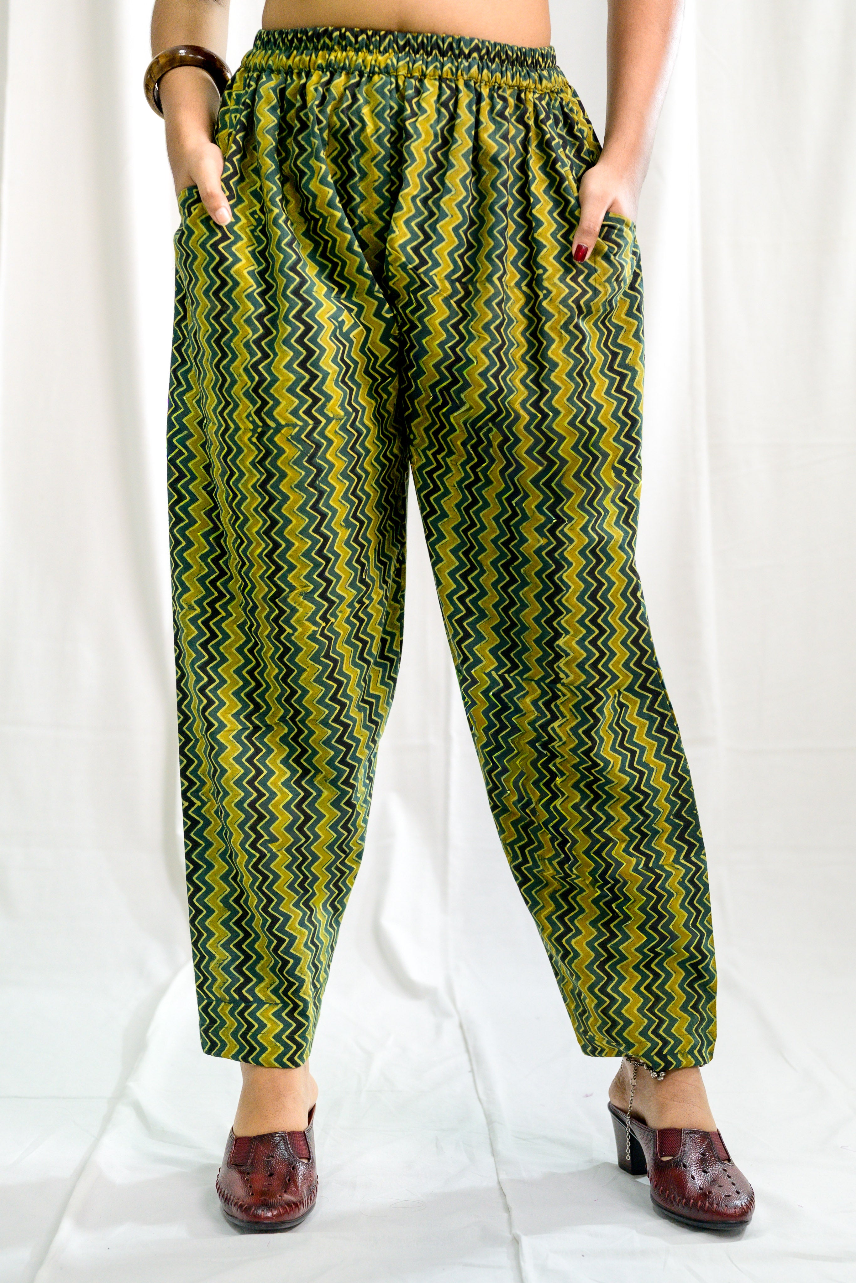 Bottle Green & Yellow Zig Zag Stripes Ajrakh Straight Pants