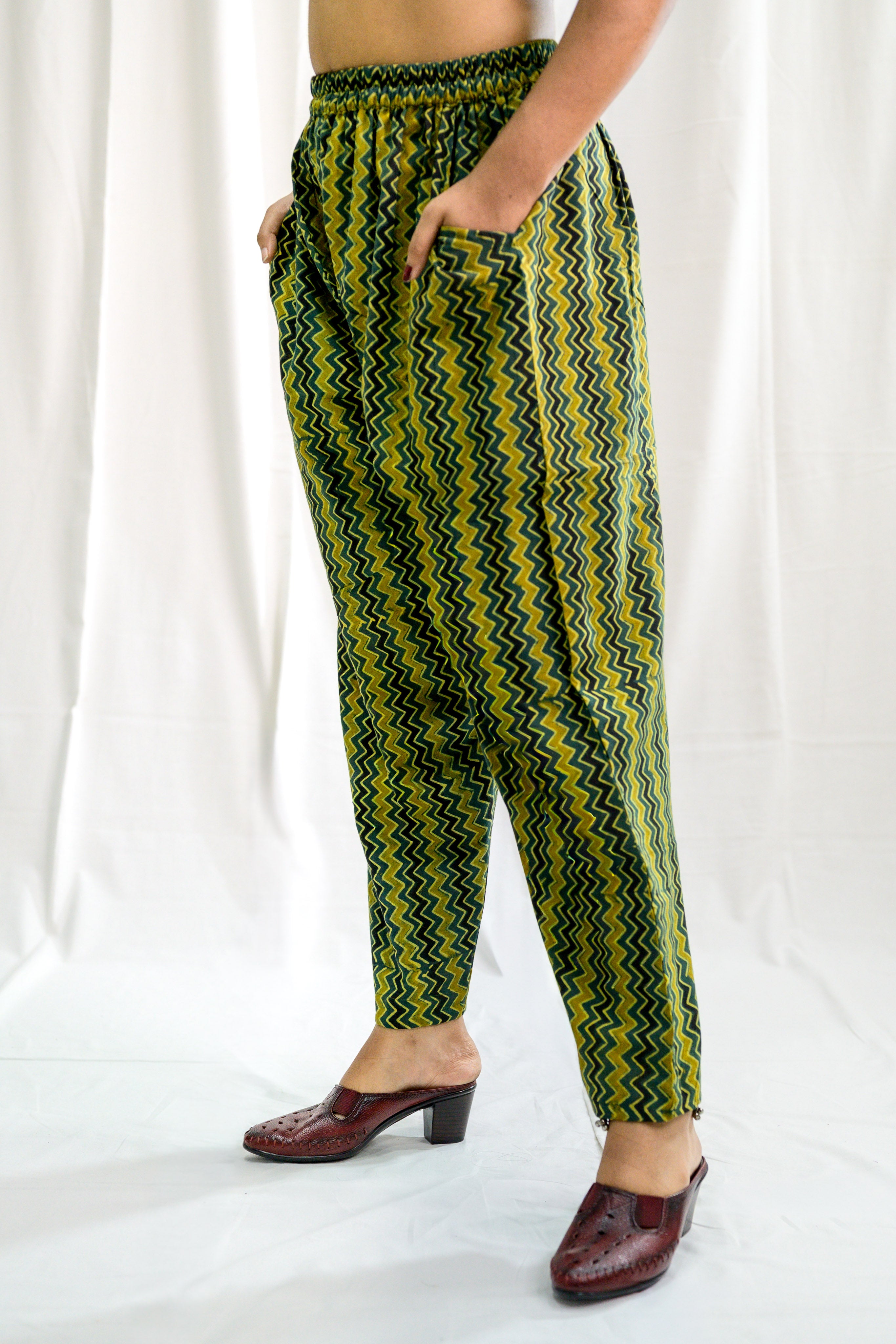 Bottle Green & Yellow Zig Zag Stripes Ajrakh Straight Pants