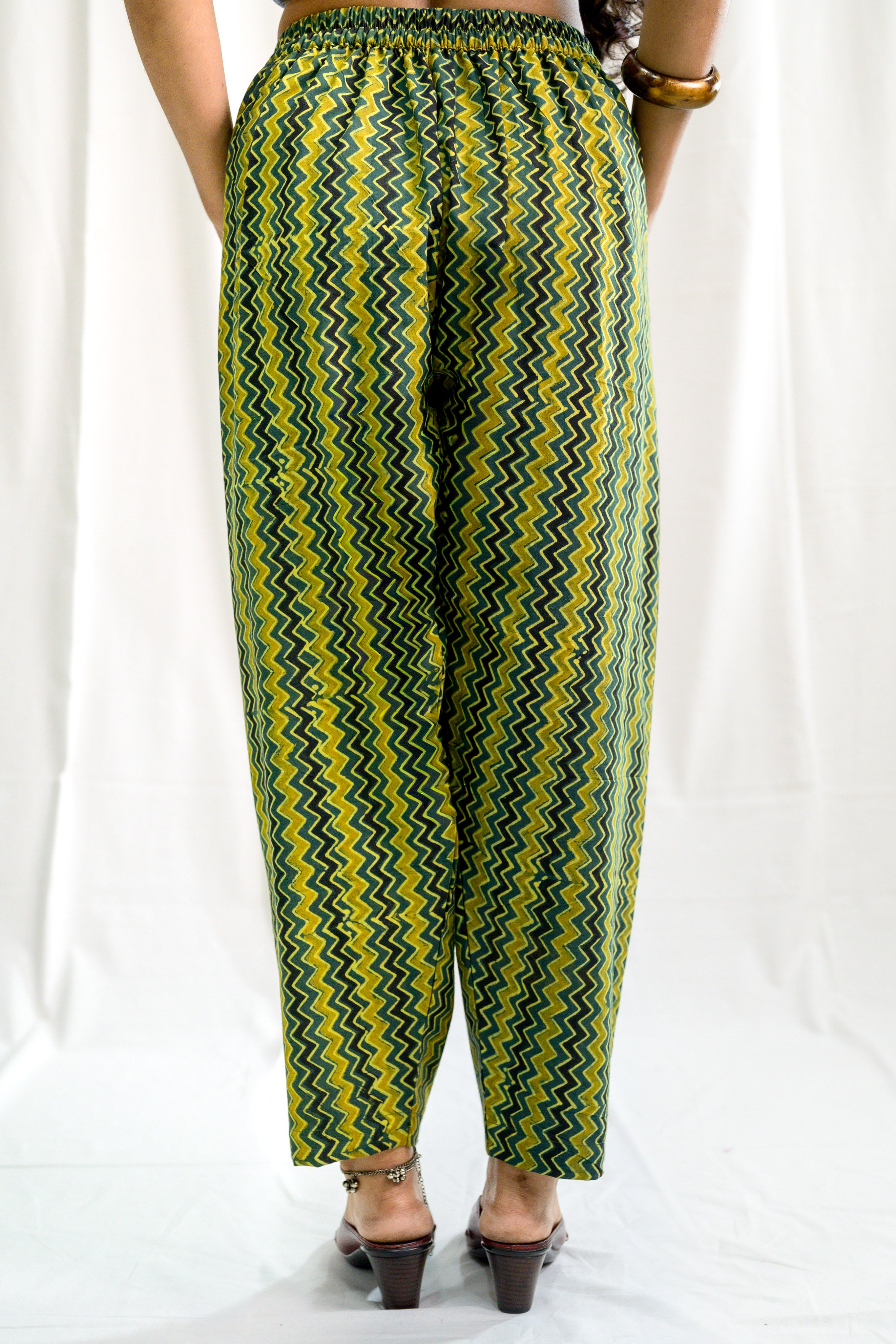 Bottle Green & Yellow Zig Zag Stripes Ajrakh Straight Pants
