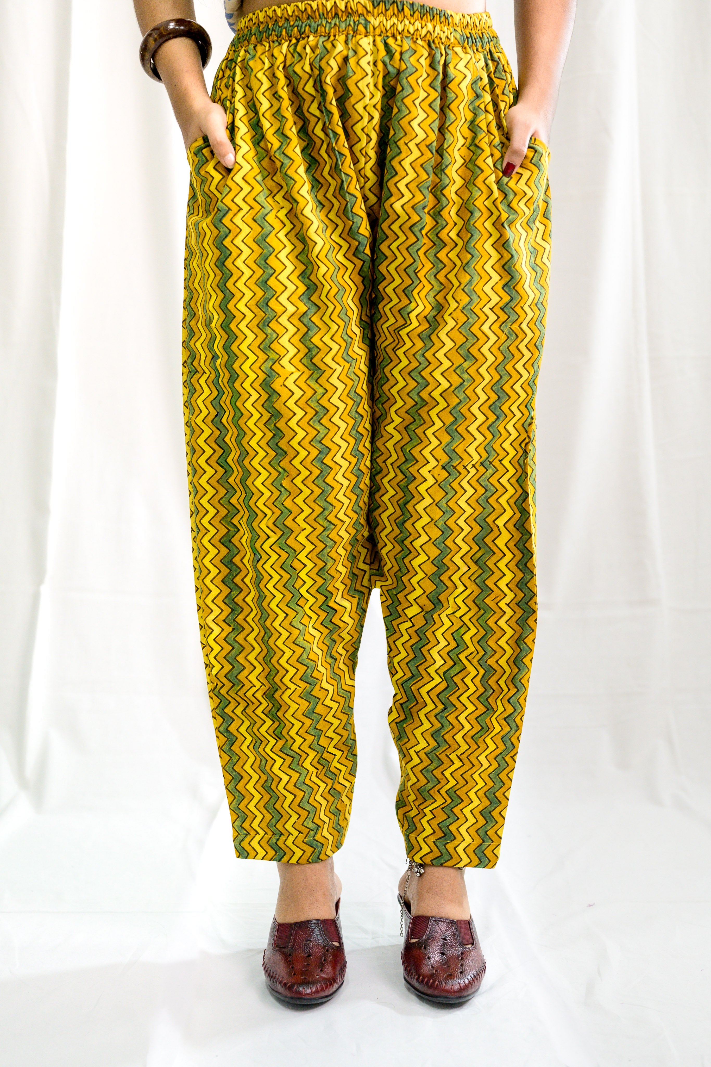Turmeric & Green Zig Zag Stripes Ajrakh Straight Pants