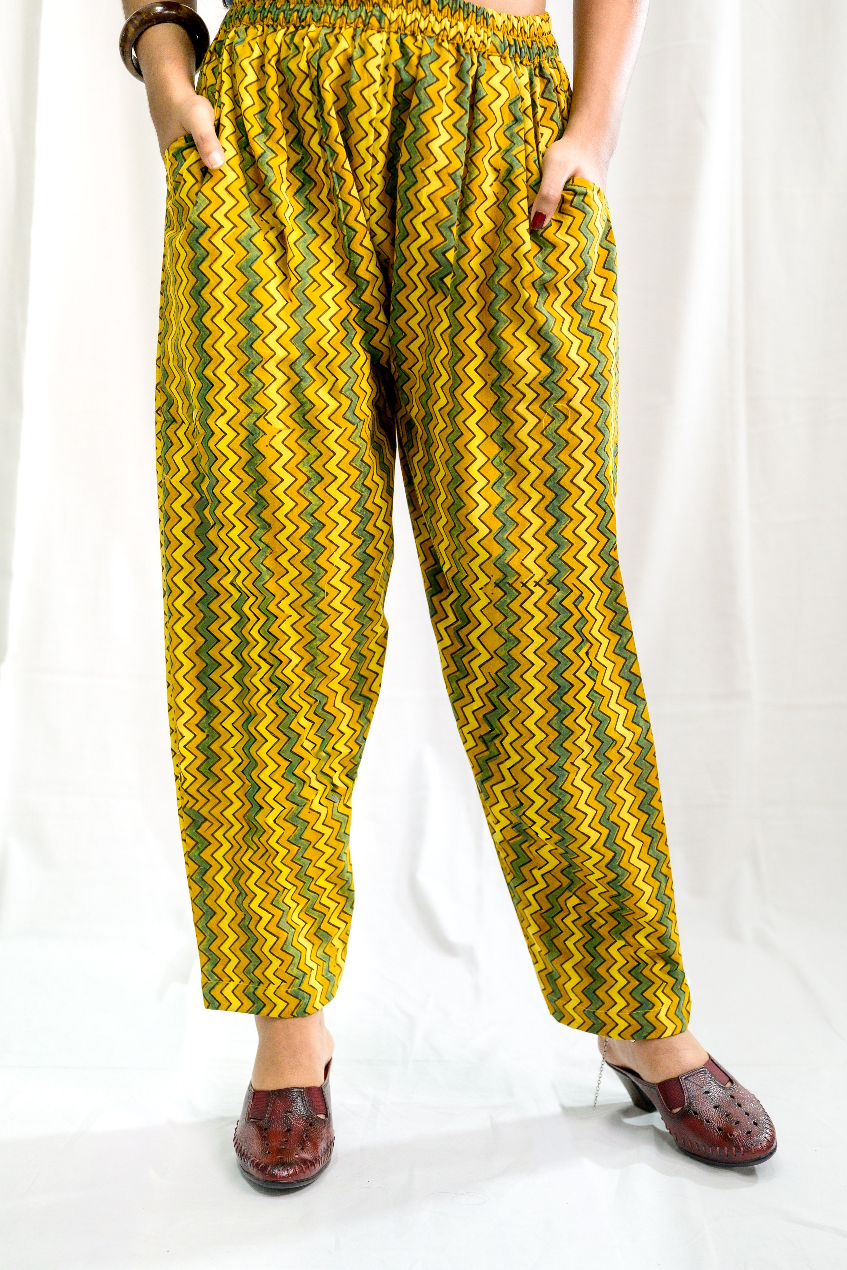 Turmeric & Green Zig Zag Stripes Ajrakh Straight Pants