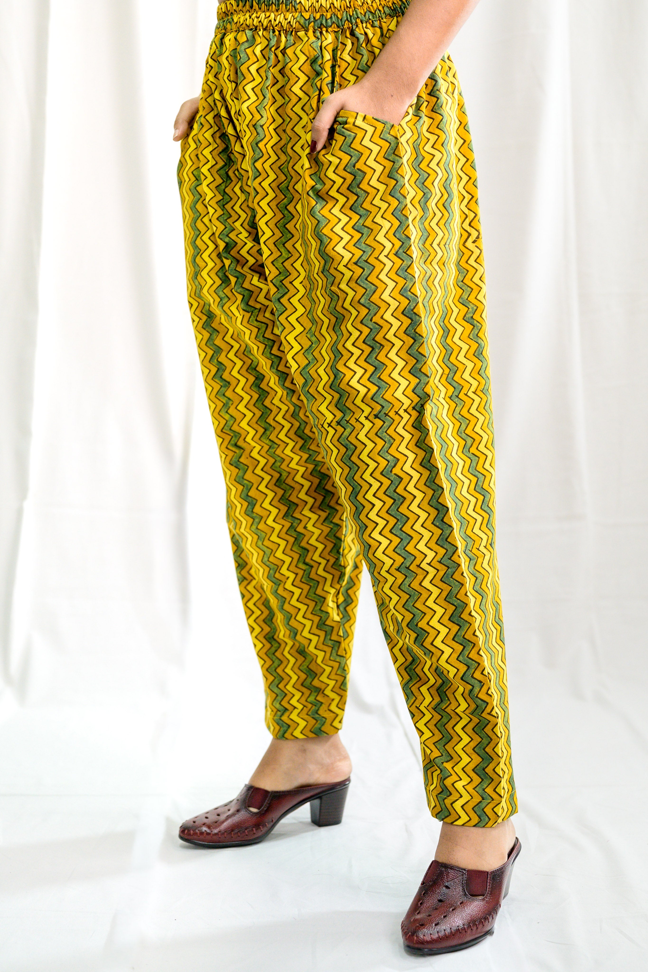 Turmeric & Green Zig Zag Stripes Ajrakh Straight Pants