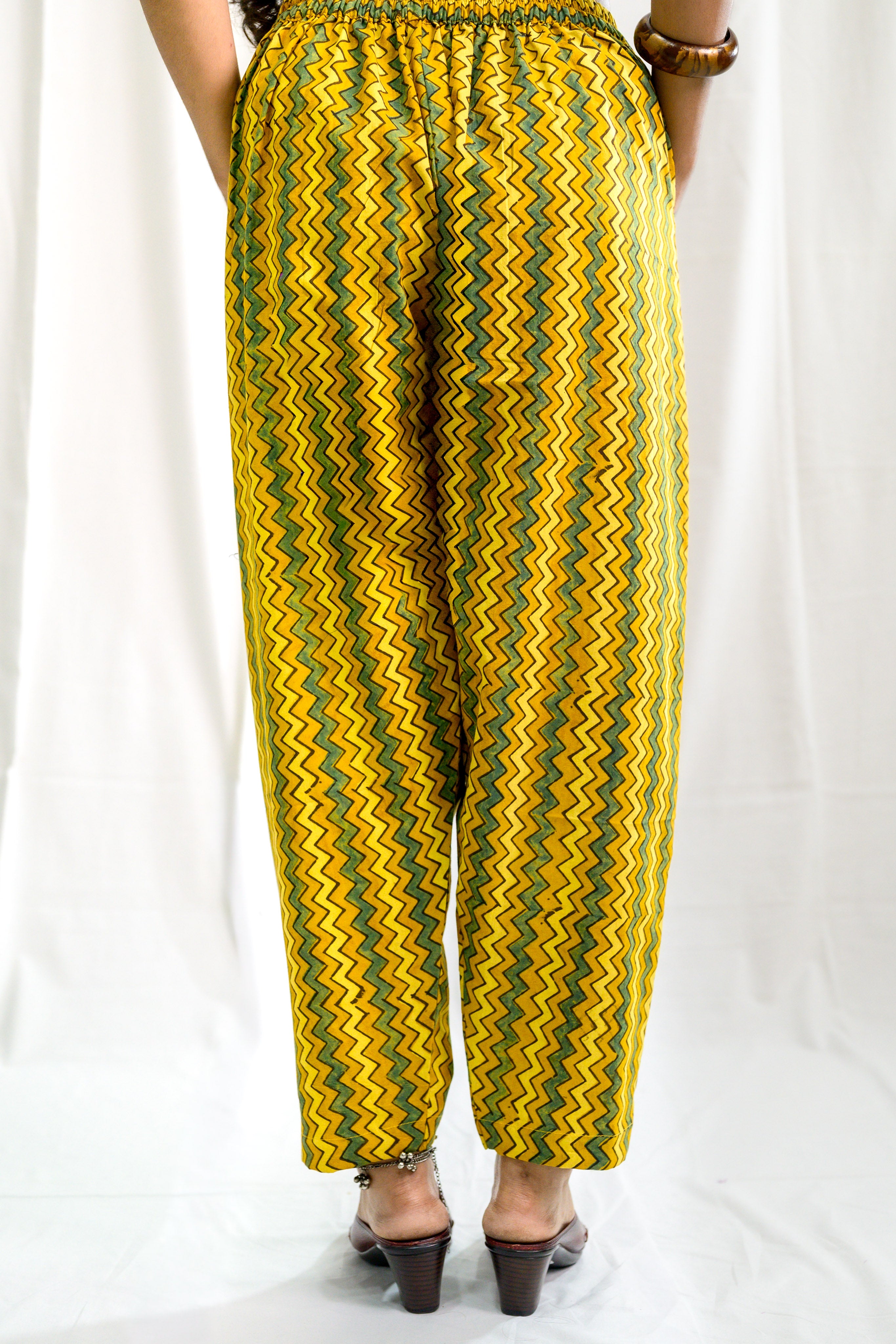Turmeric & Green Zig Zag Stripes Ajrakh Straight Pants