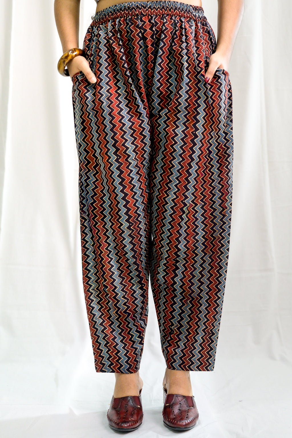 Black Zig Zag Ajrakh Cotton Straight Pants