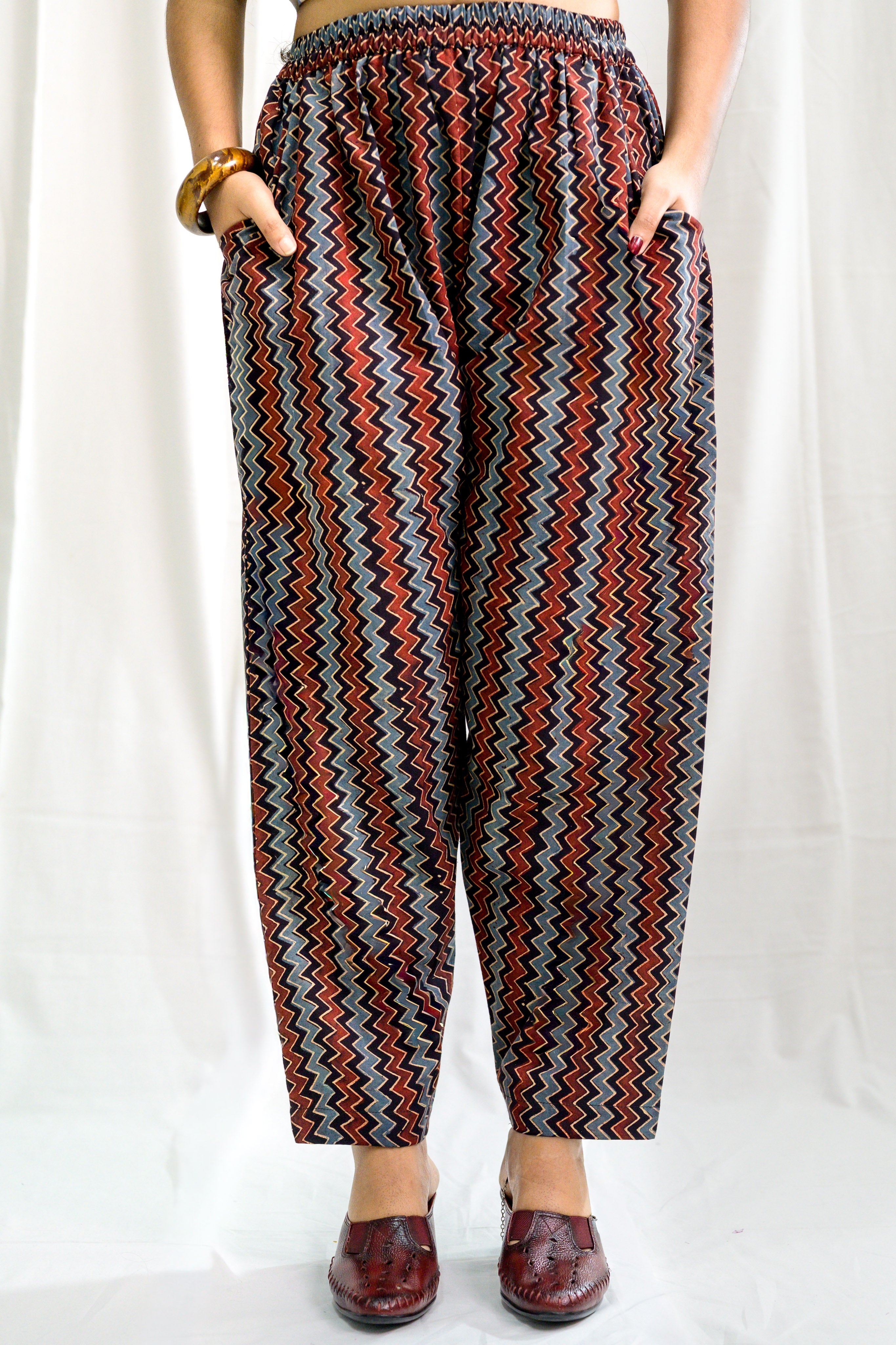 Black Zig Zag Ajrakh Cotton Straight Pants