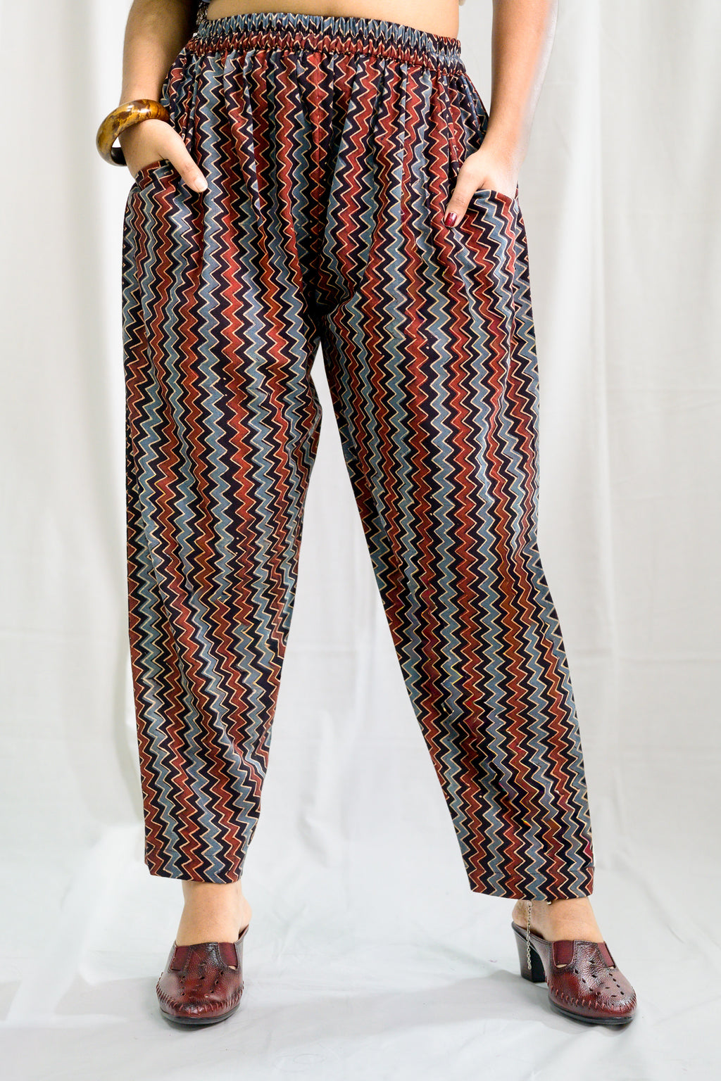 Black Zig Zag Ajrakh Cotton Straight Pants
