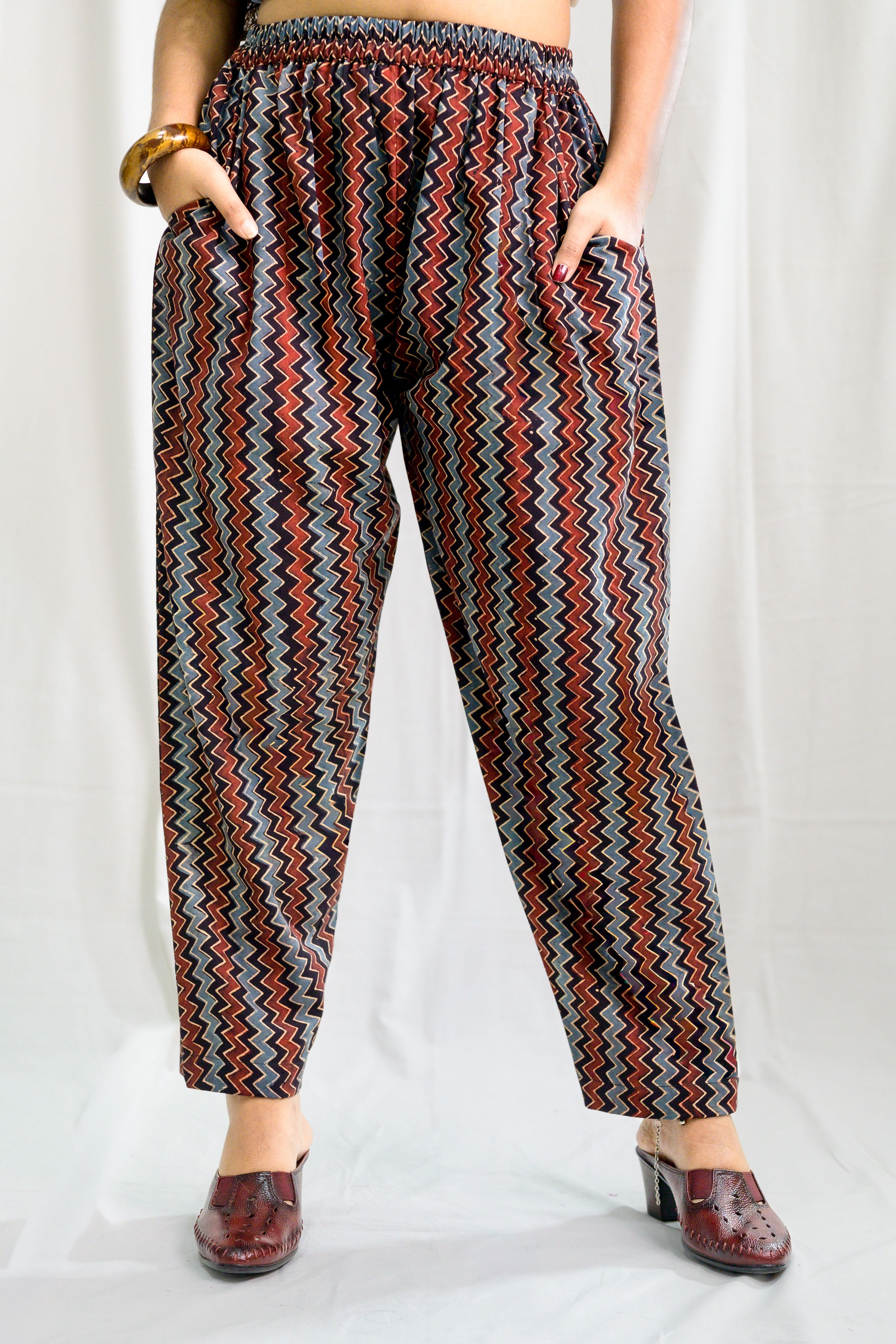 Black Zig Zag Ajrakh Cotton Straight Pants