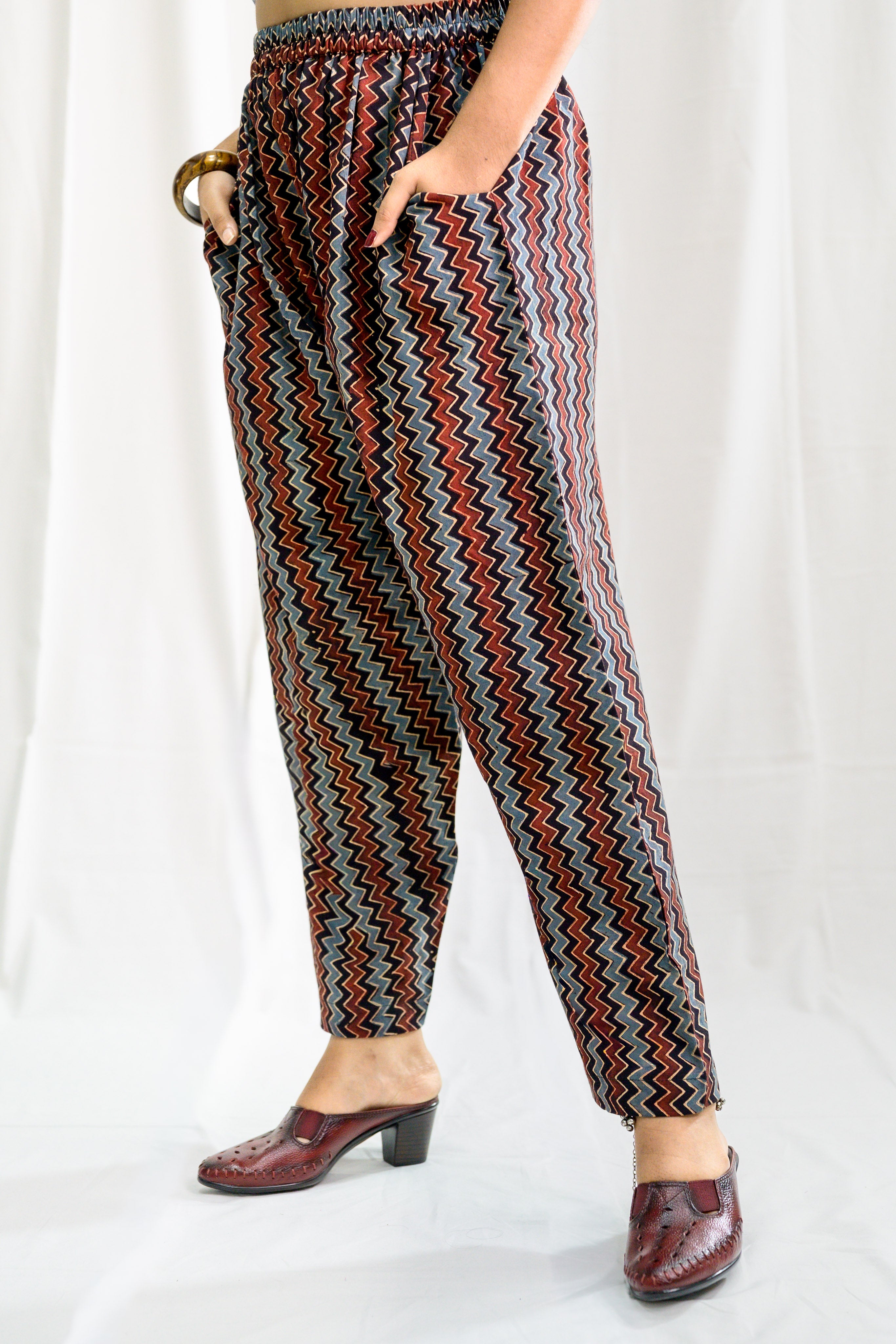 Black Zig Zag Ajrakh Cotton Straight Pants