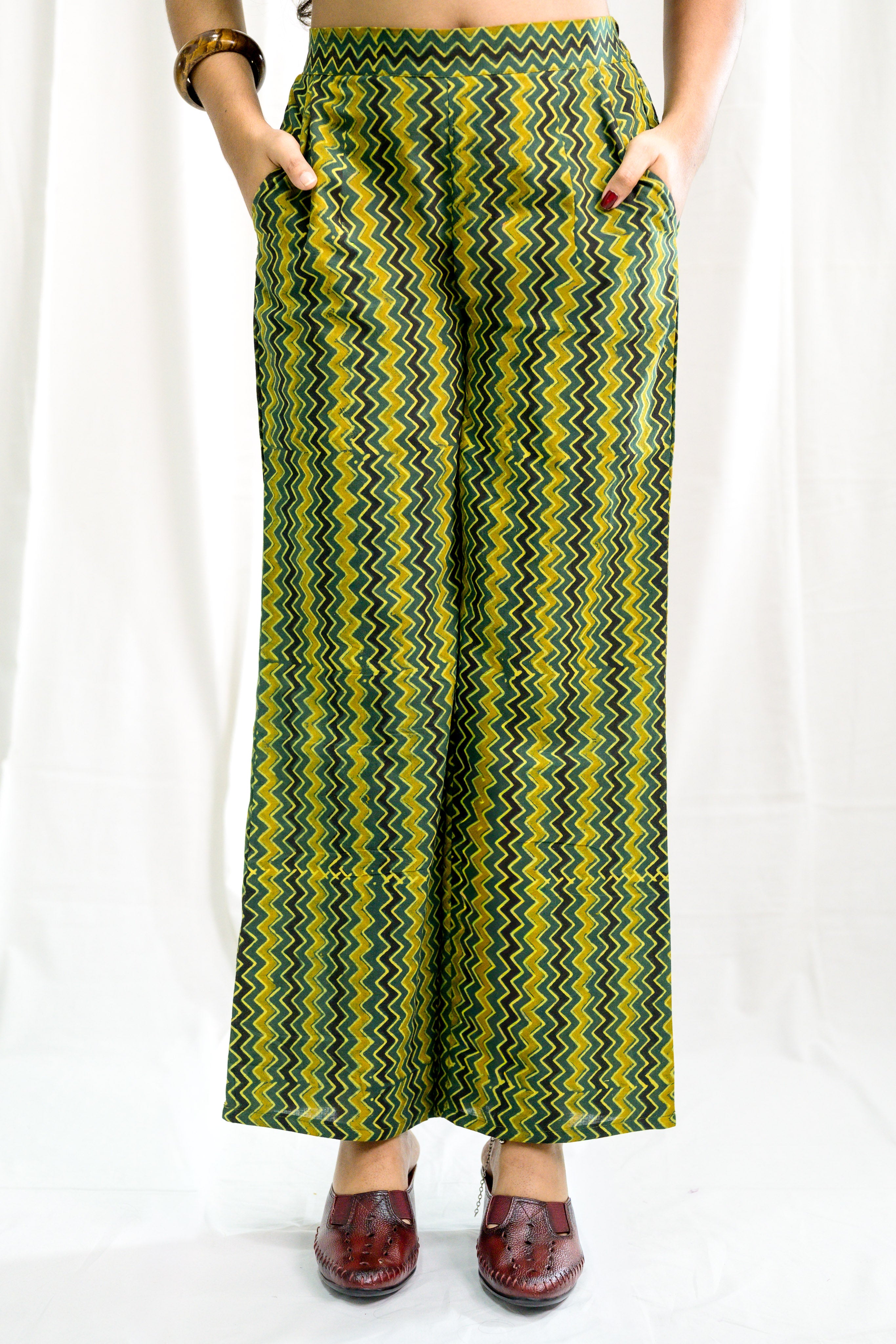 Green Zig Zag Ajrakh Cotton Parallel Pants