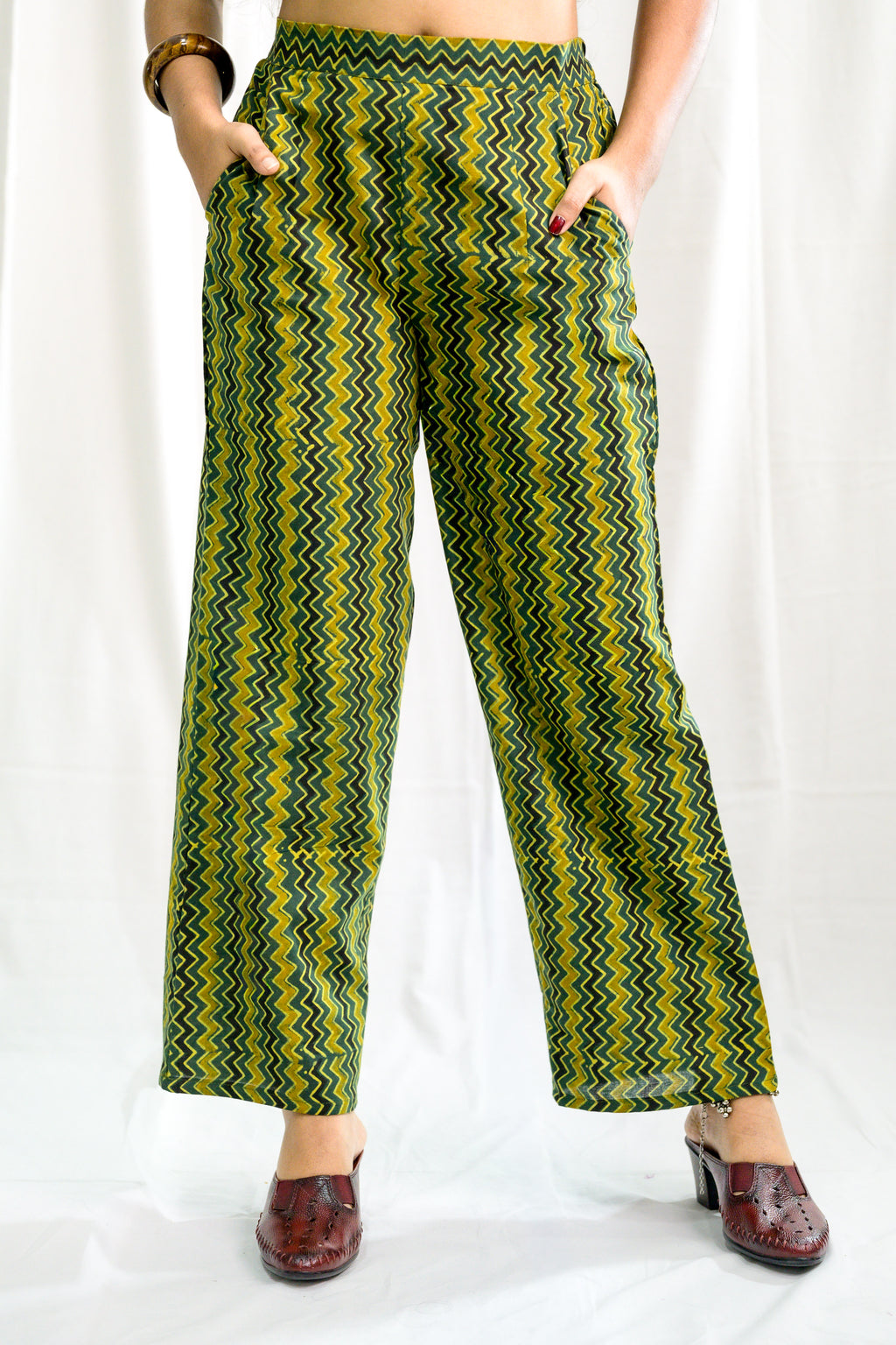 Green Zig Zag Ajrakh Cotton Parallel Pants