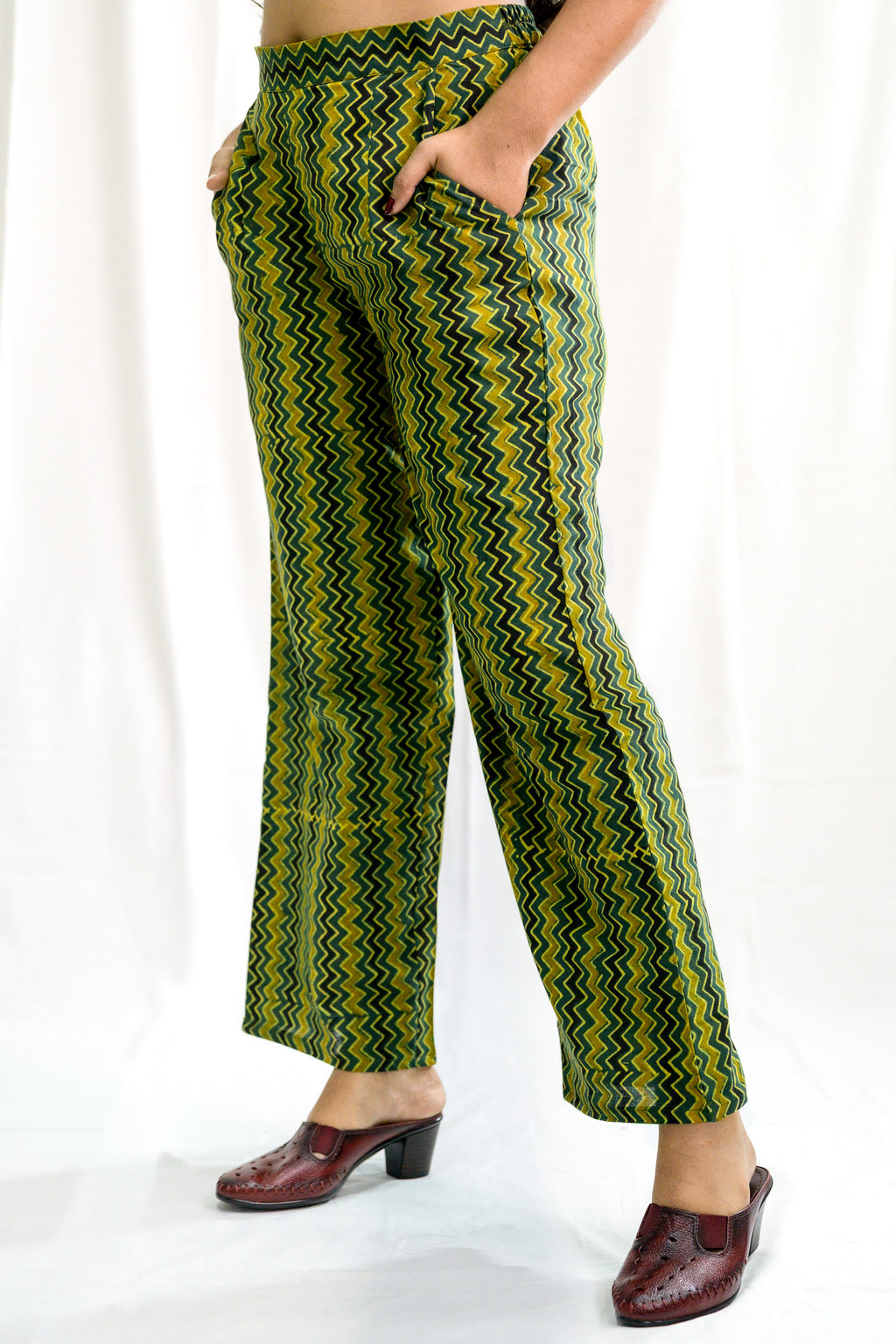 Green Zig Zag Ajrakh Cotton Parallel Pants