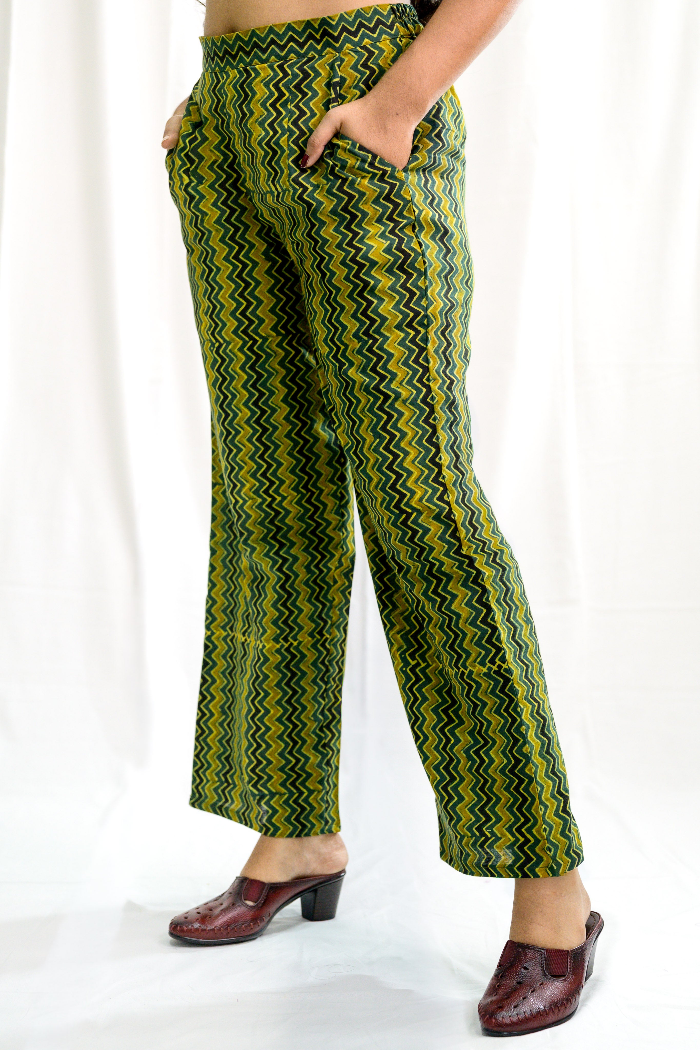 Green Zig Zag Ajrakh Cotton Parallel Pants