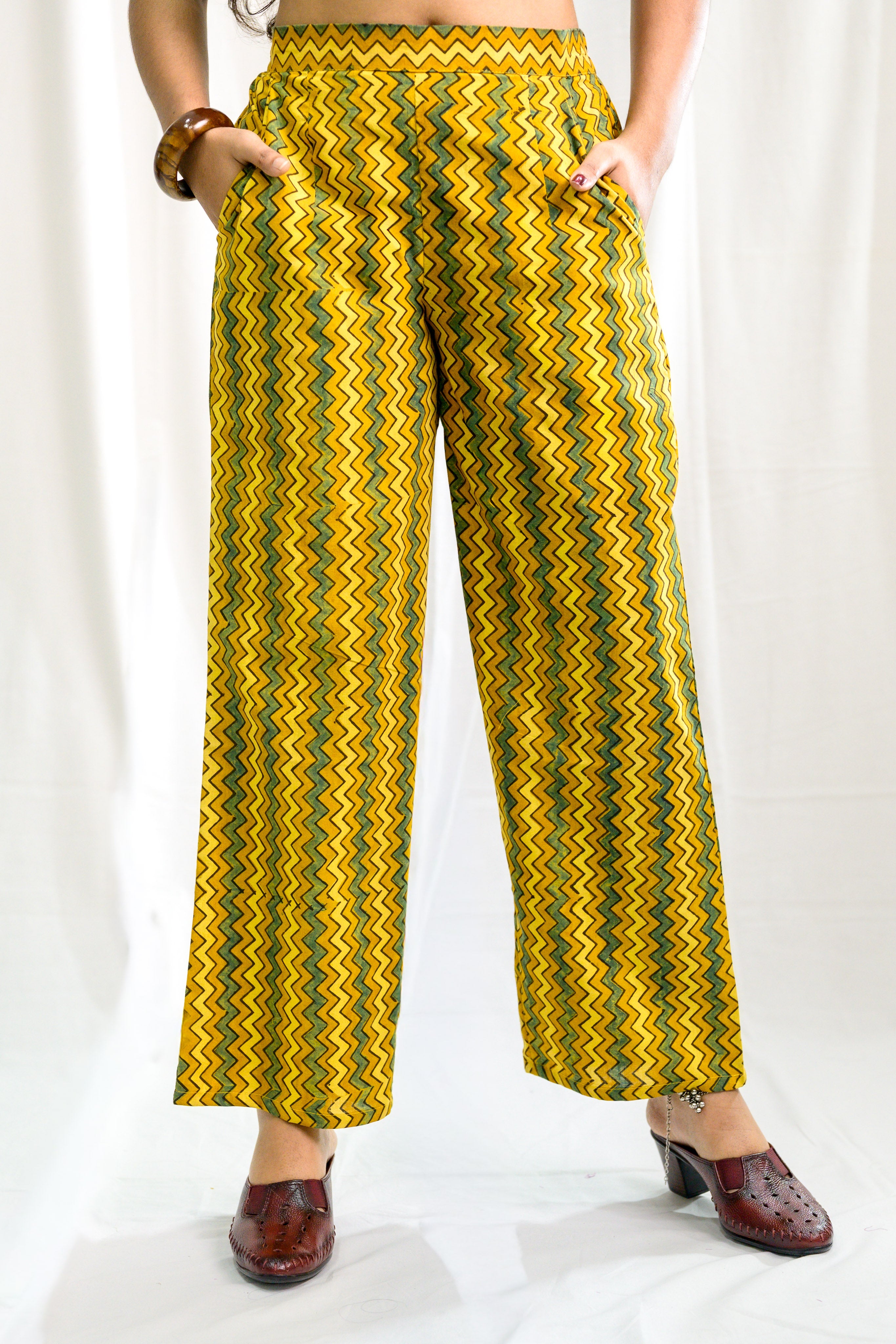 Yellow Zig Zag Ajrakh Cotton Parallel Pants
