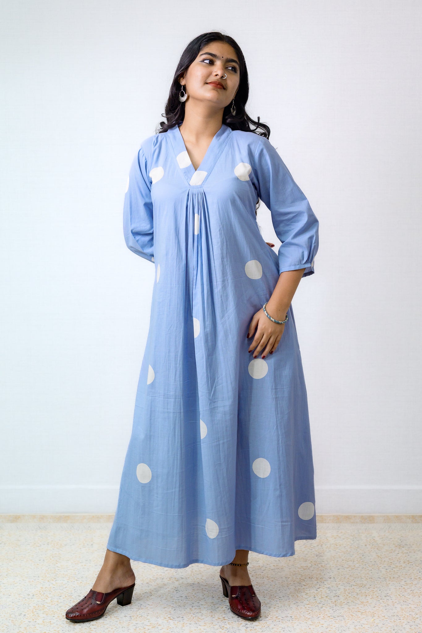 Polkas in Sky Front Pleated Dress
