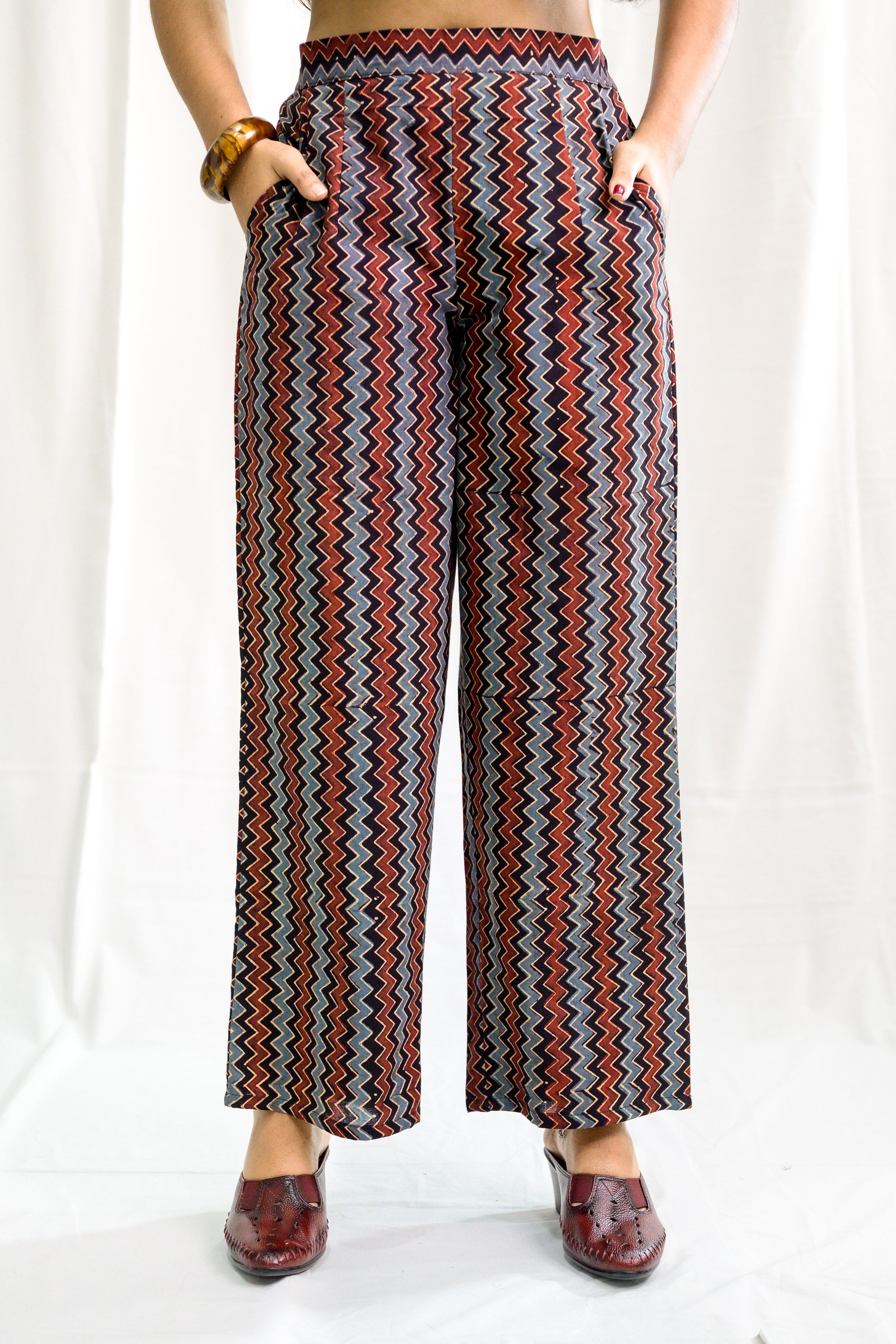 Black Zig Zag Ajrakh Cotton Parallel Pants