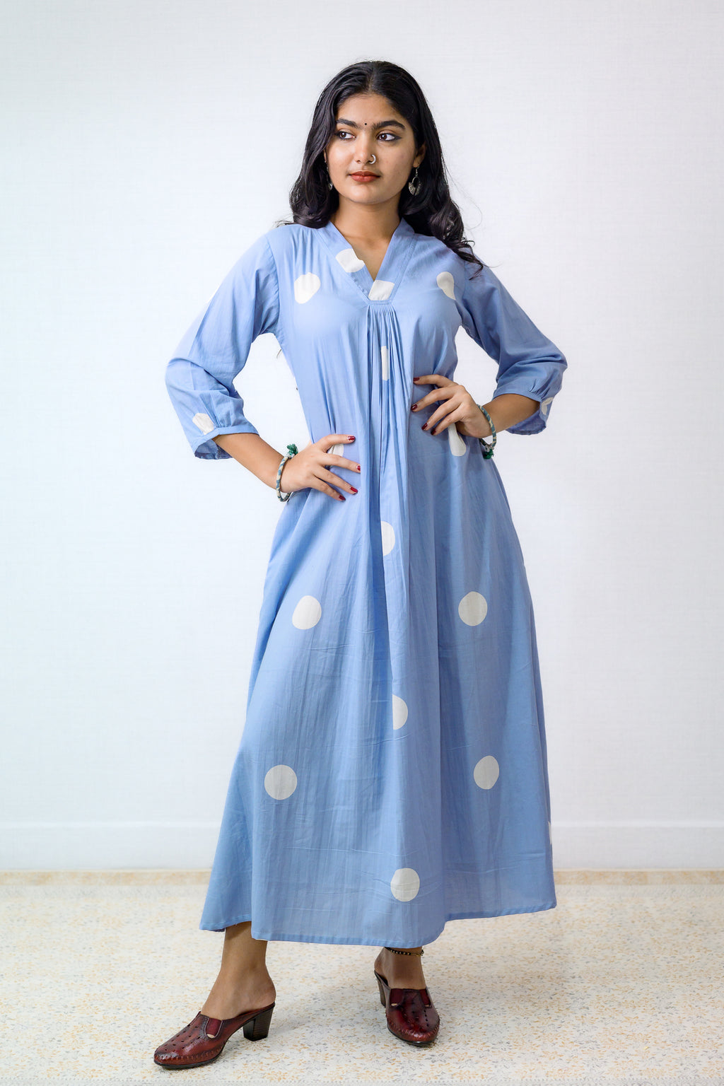 Polkas in Sky Front Pleated Dress
