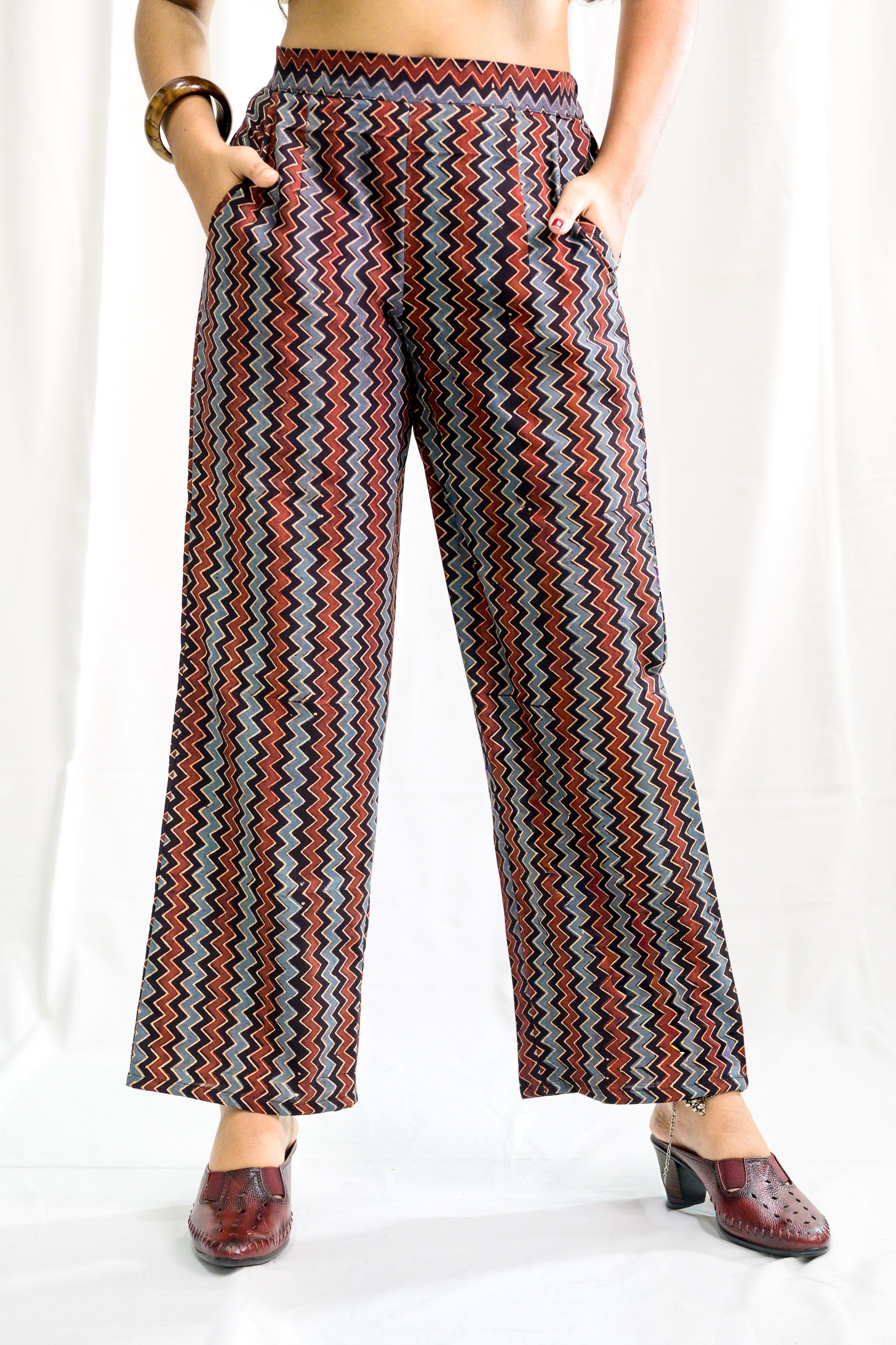 Black Zig Zag Ajrakh Cotton Parallel Pants