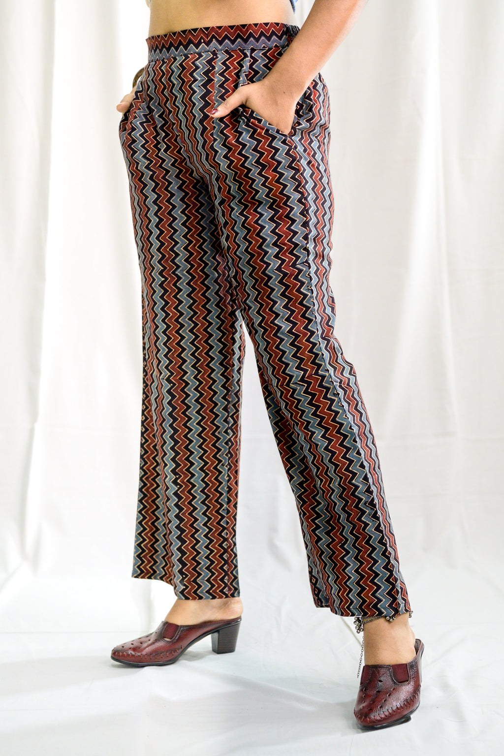 Black Zig Zag Ajrakh Cotton Parallel Pants