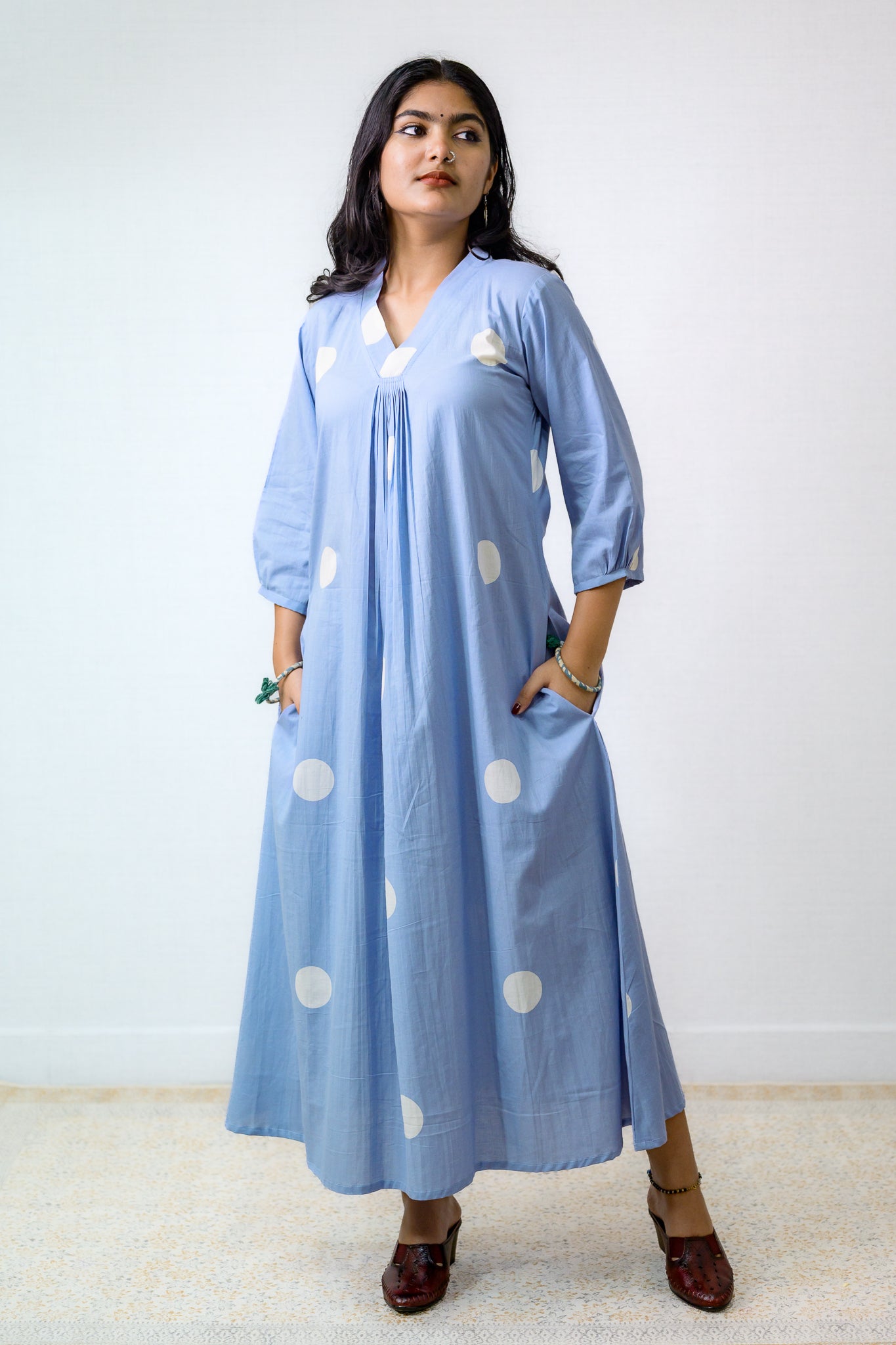 Polkas in Sky Front Pleated Dress