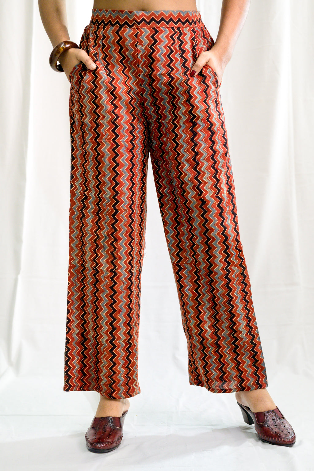 Madder Red Zig Zag Ajrakh Cotton Parallel Pants