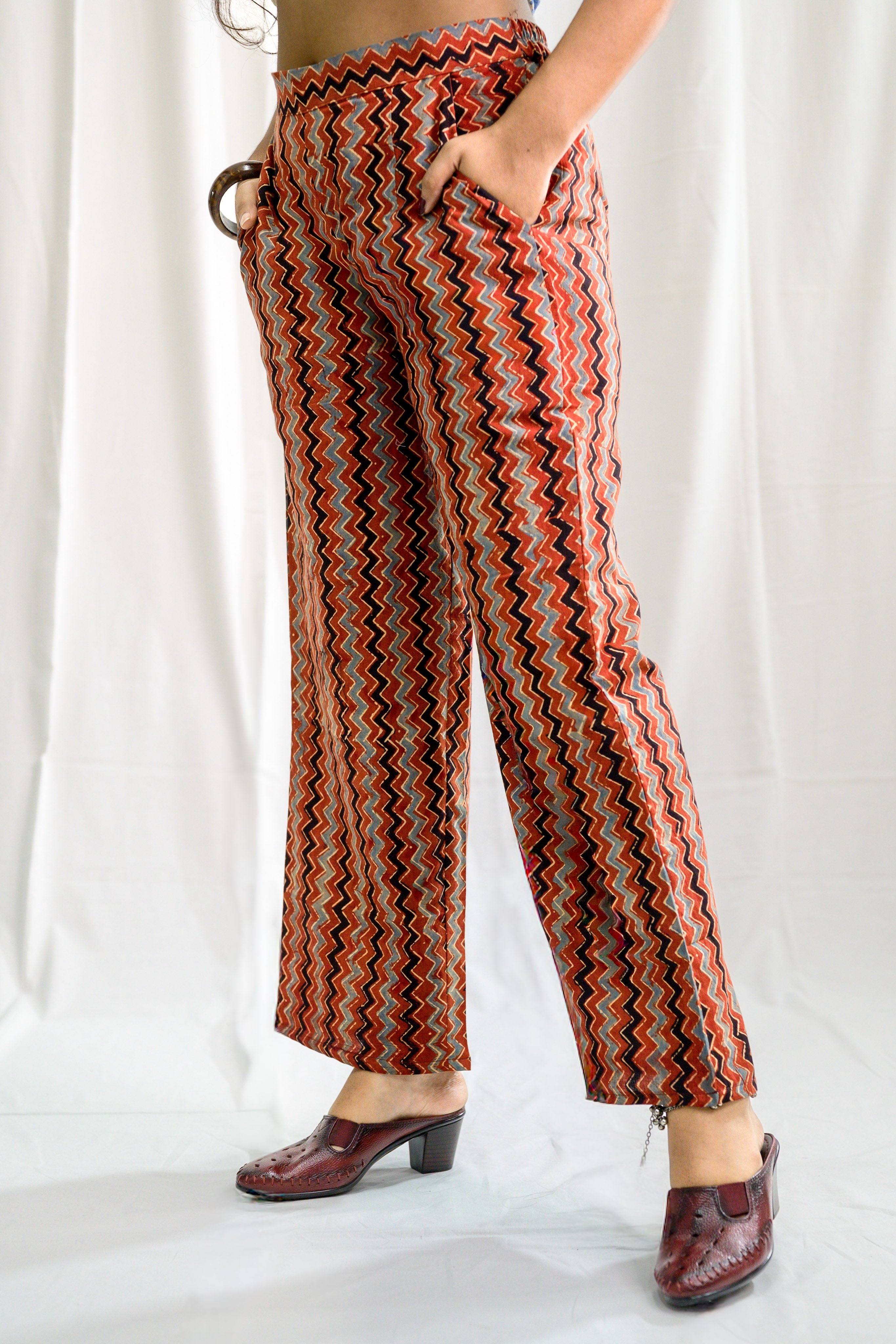 Madder Red Zig Zag Ajrakh Cotton Parallel Pants