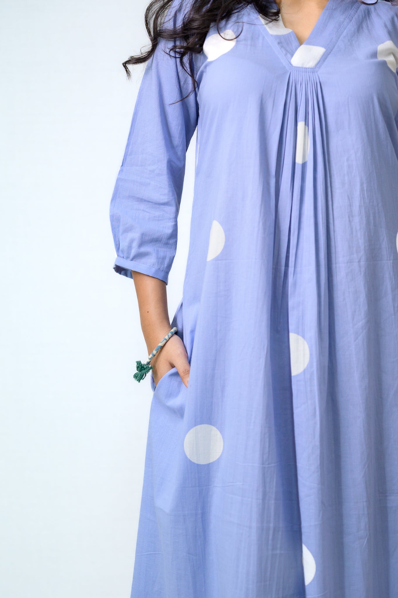 Polkas in Sky Front Pleated Dress