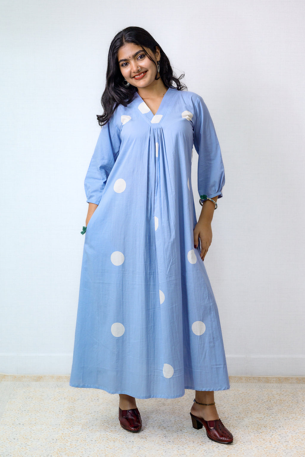 Polkas in Sky Front Pleated Dress