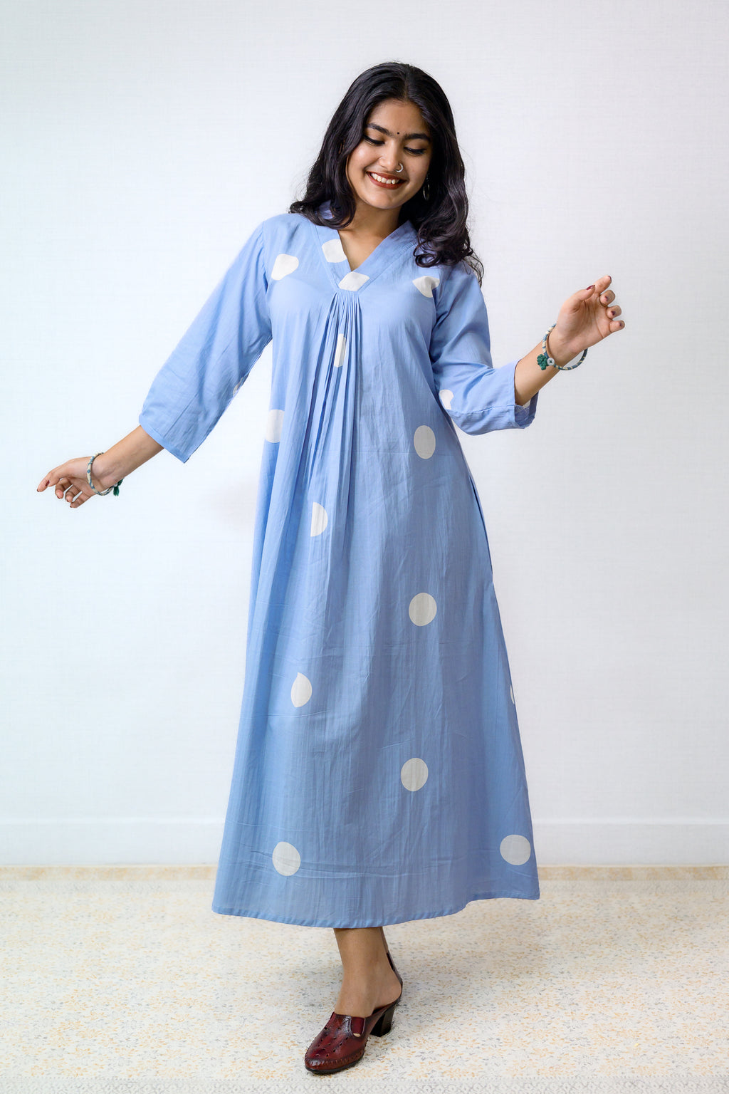 Polkas in Sky Front Pleated Dress